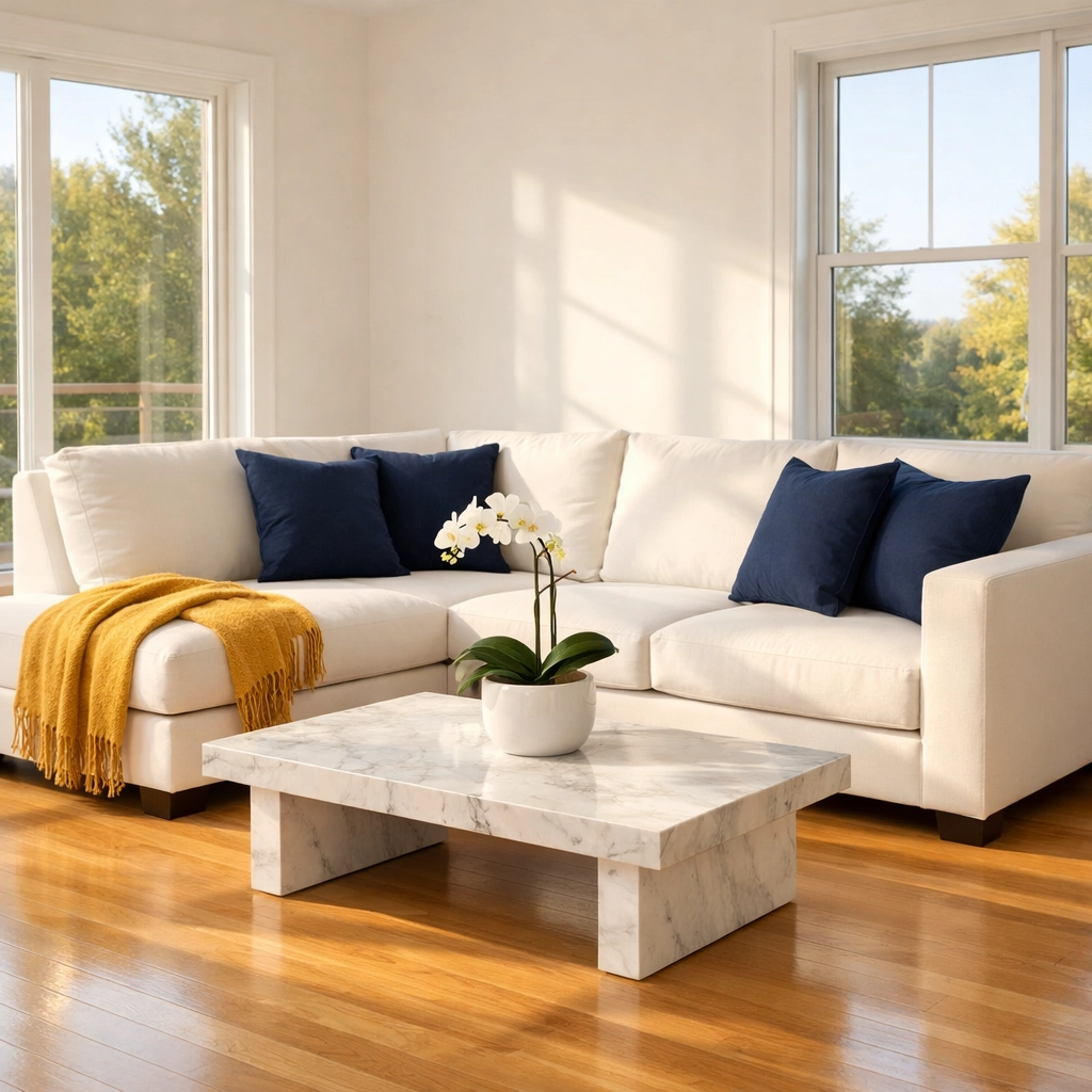A sun-drenched, stress-free living room in Shirley MA, perfectly maintained by professional house cleaning services.