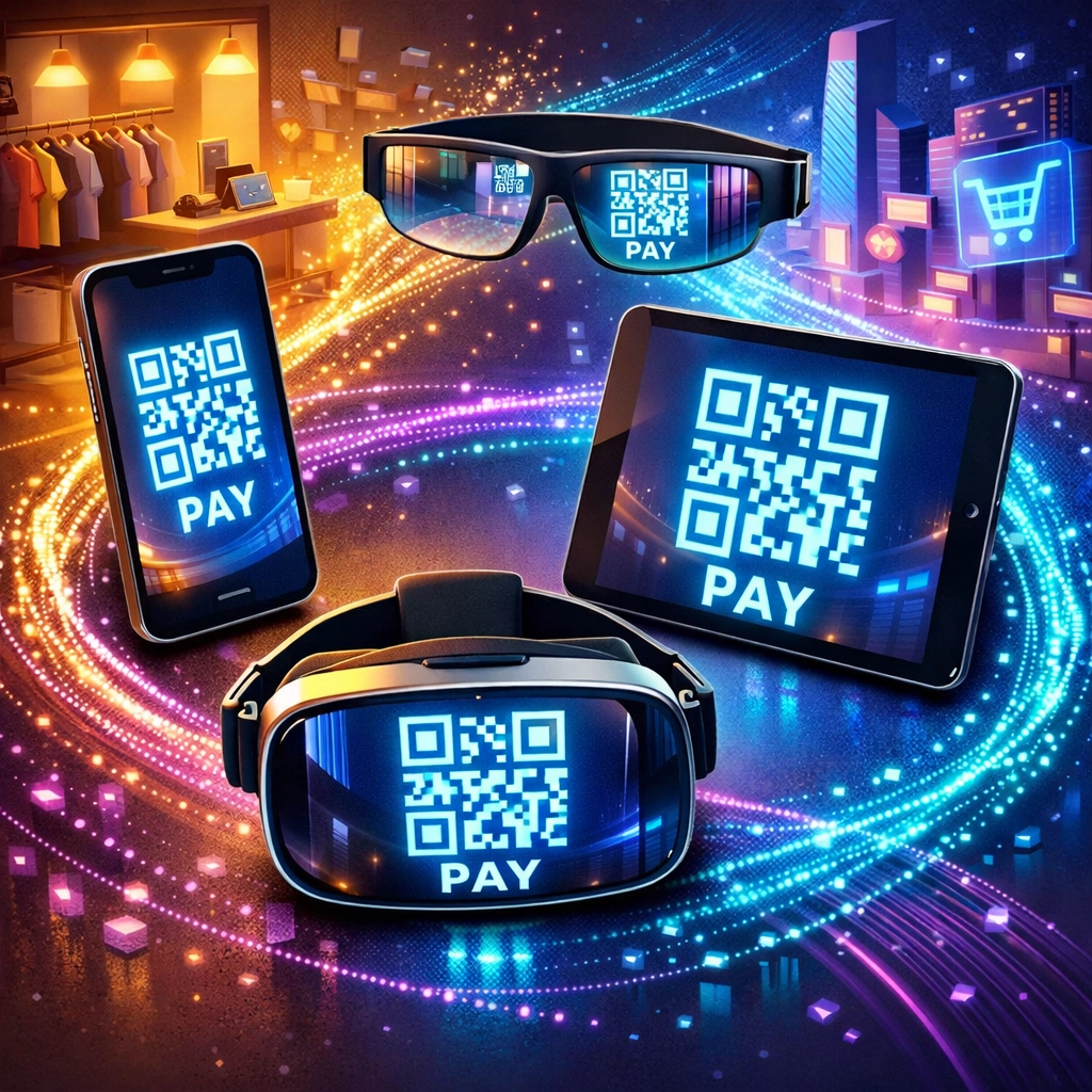 QR code crypto POS displayed across smartphone, tablet, AR glasses, and VR headset devices