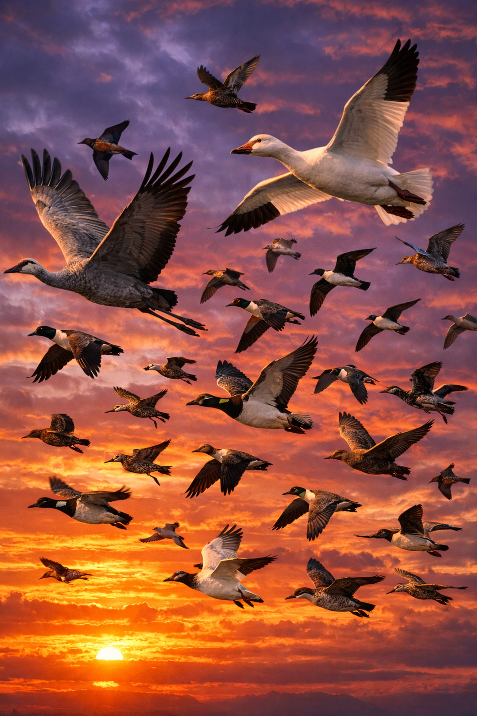 Flock of migratory birds in flight at sunset illustrating climate change impact on migration