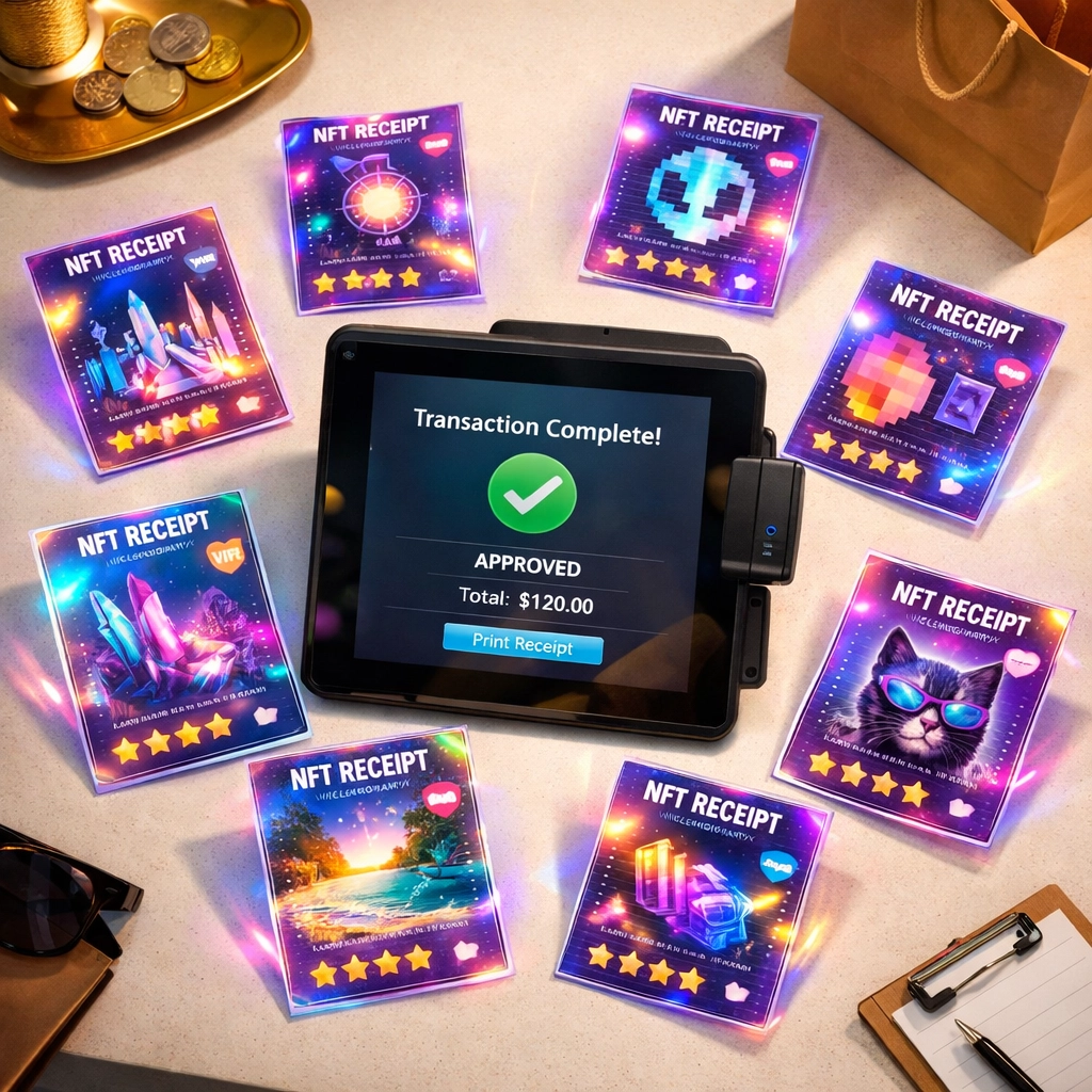 Crypto POS system on retail counter showing transaction complete with NFT receipt cards