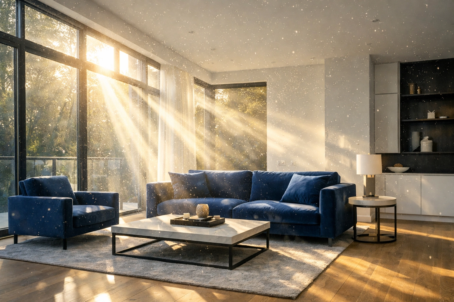 Sunlight reveals fine construction dust floating in a modern living room after a home renovation.