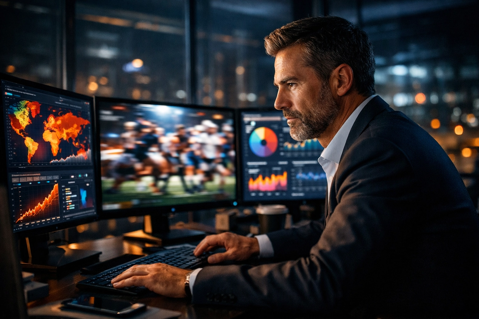 CMO analyzing data dashboards and sports footage for a Super Bowl ROI report.