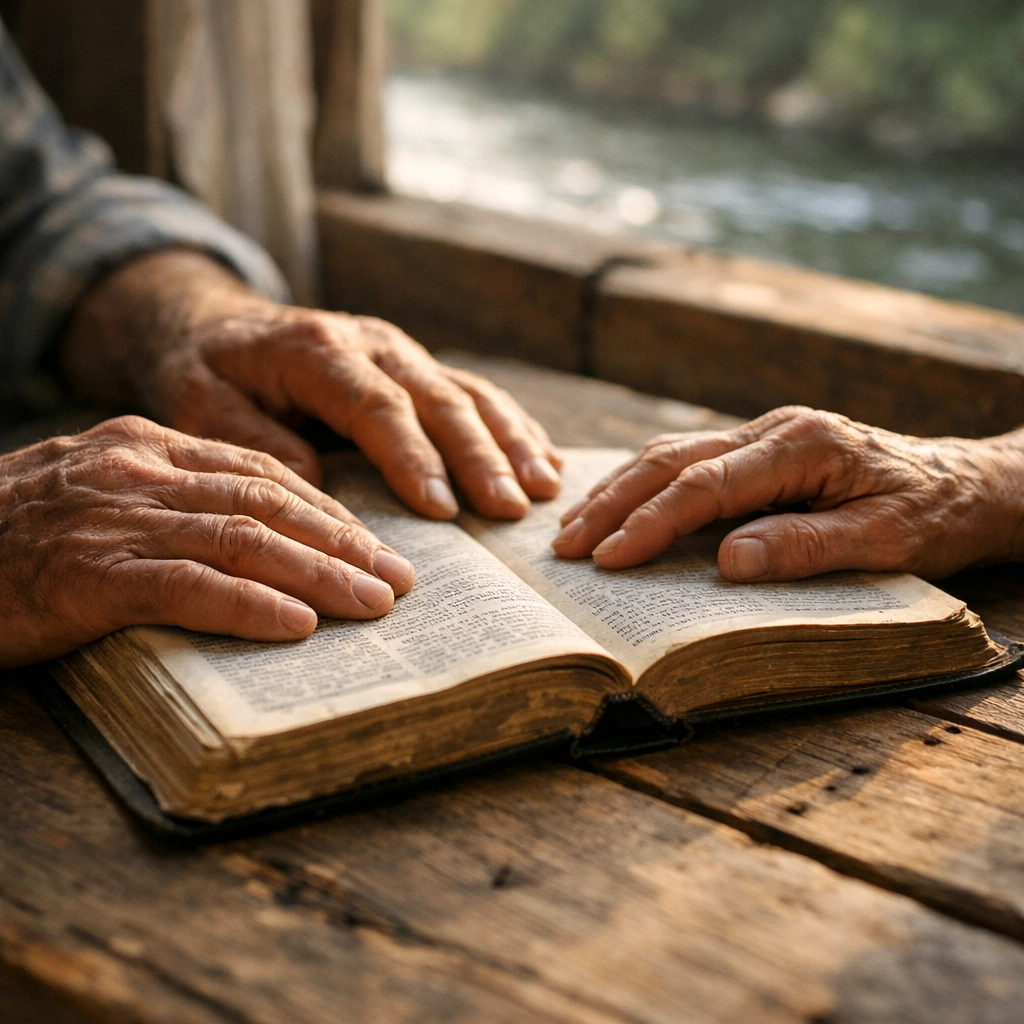 Hands resting on an open Bible symbolizing prayer and faith within the Amazon mission movement.