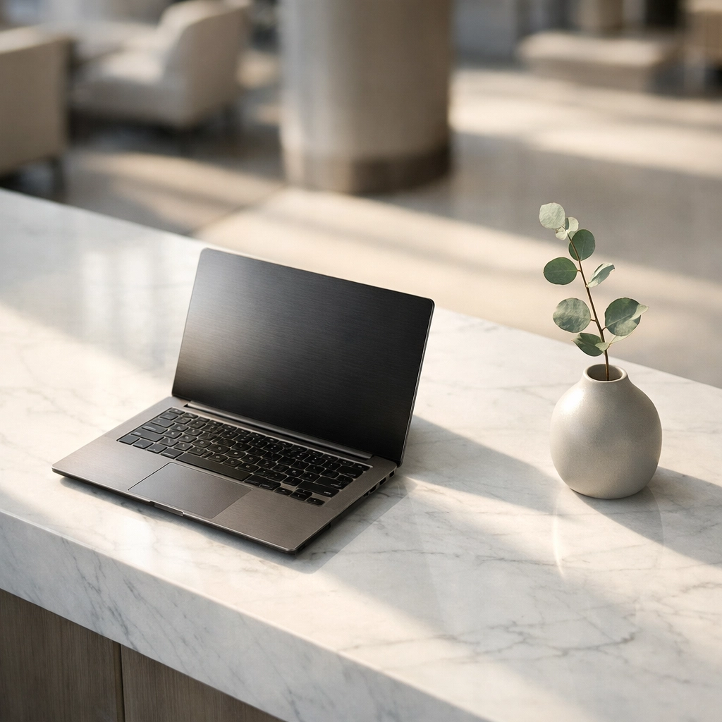 Modern laptop on a marble desk representing automated hotel revenue management software.