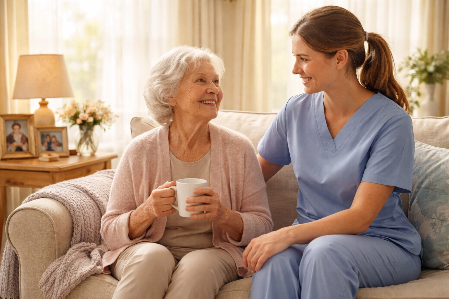 Senior woman enjoying tea at home with a Sarasota home health caregiver, highlighting comfort and familiarity.
