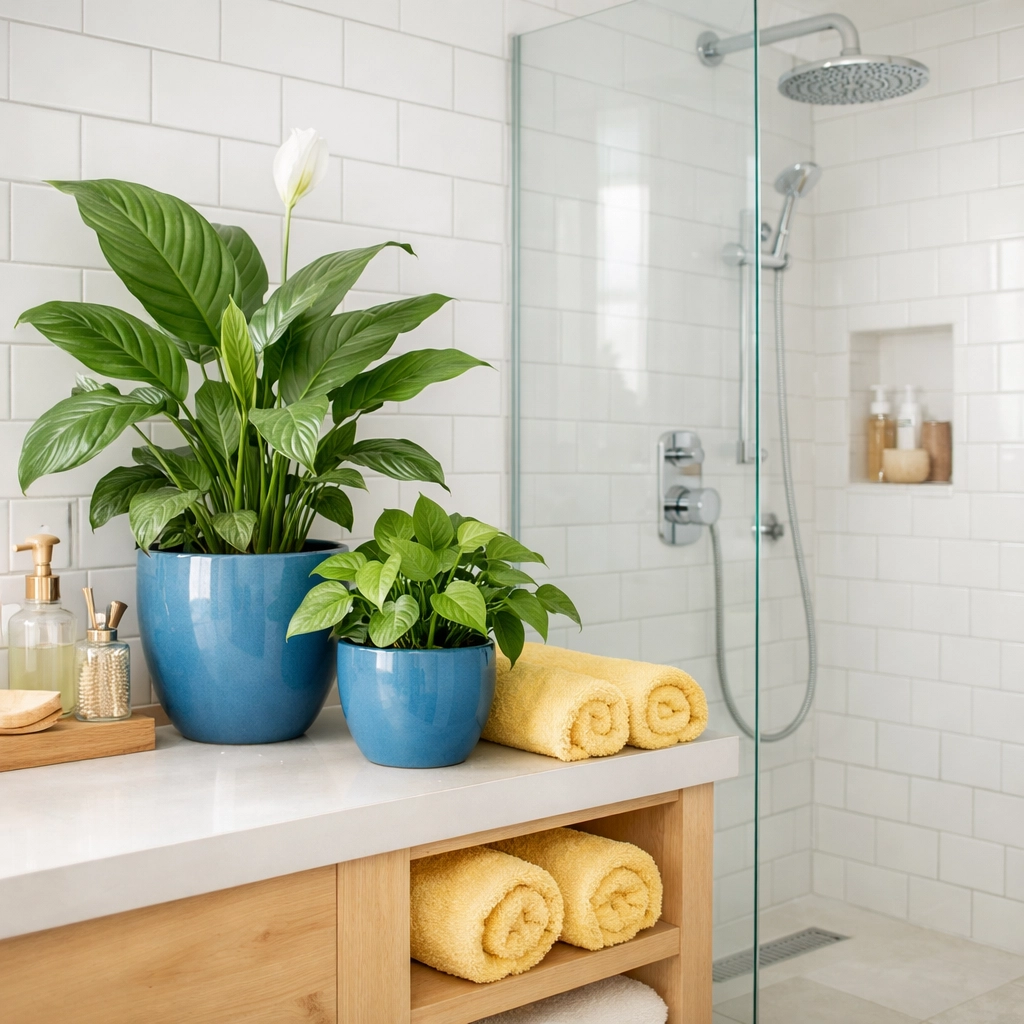 Eco-friendly deep cleaning Worcester in a modern bathroom with sparkling subway tiles and natural greenery.