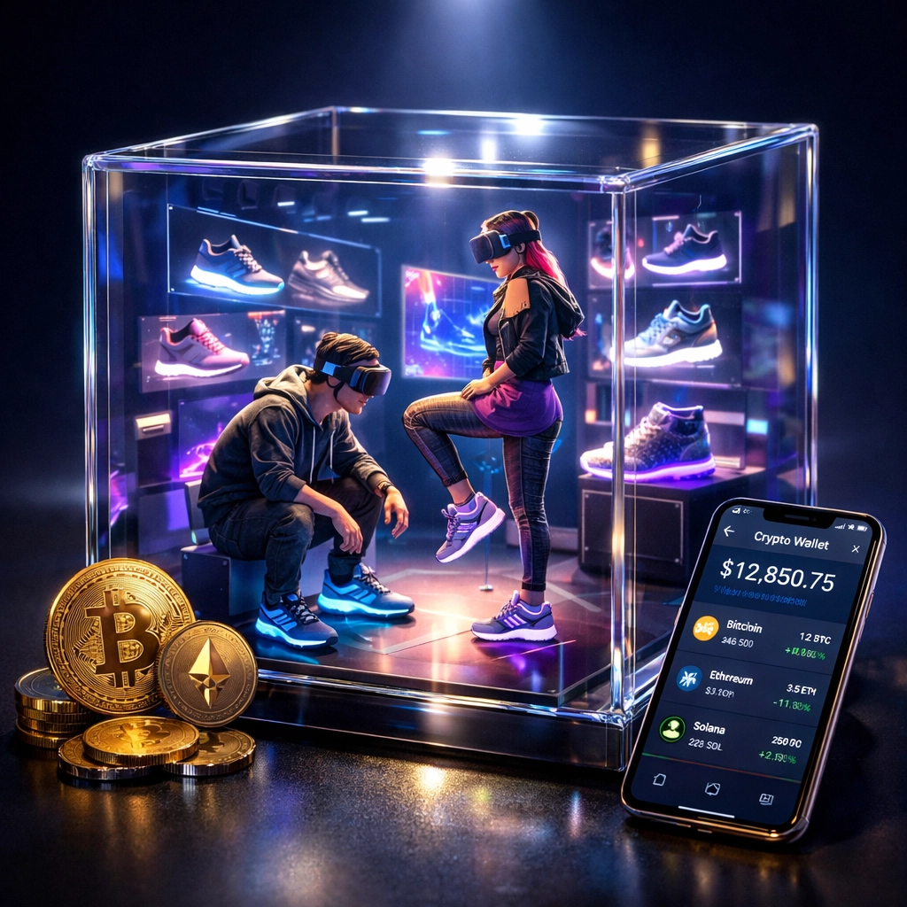 VR shopping experience showing avatars trying digital sneakers with crypto wallet interface