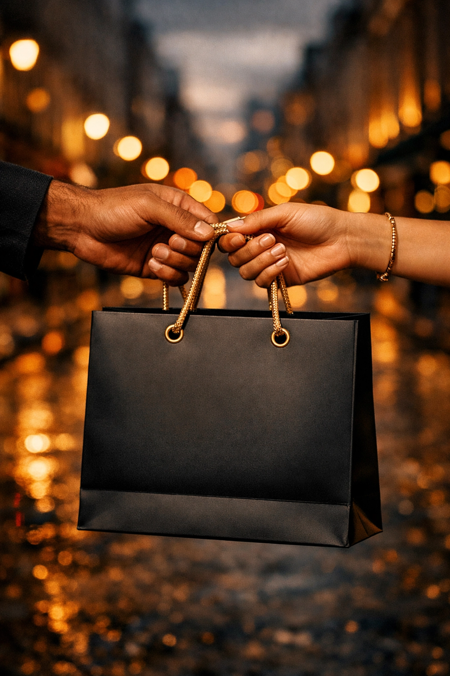 Close-up of a luxury matte black shopping bag representing conscious support for Black-owned businesses.