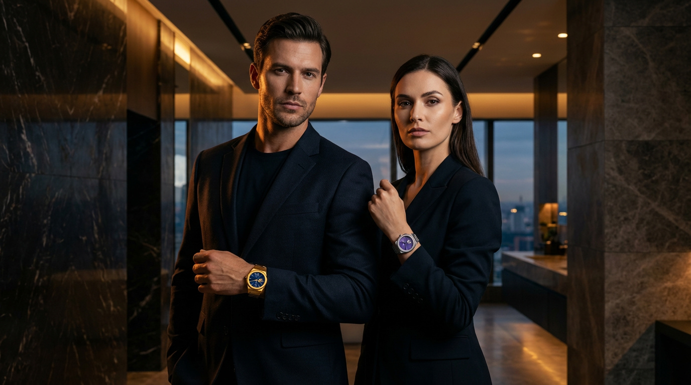 Man and woman in formal attire, highlighting the purple dial watch.