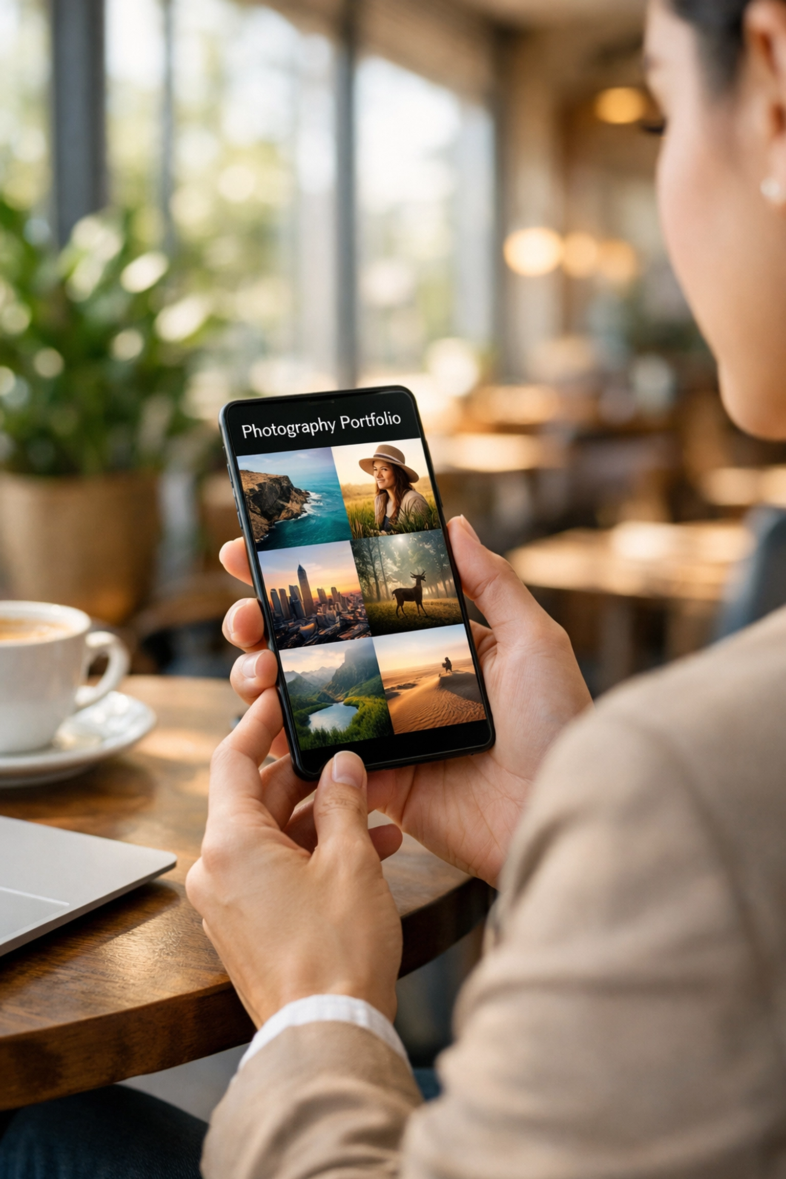Professional viewing a fast-loading photography portfolio on a smartphone in a modern cafe.