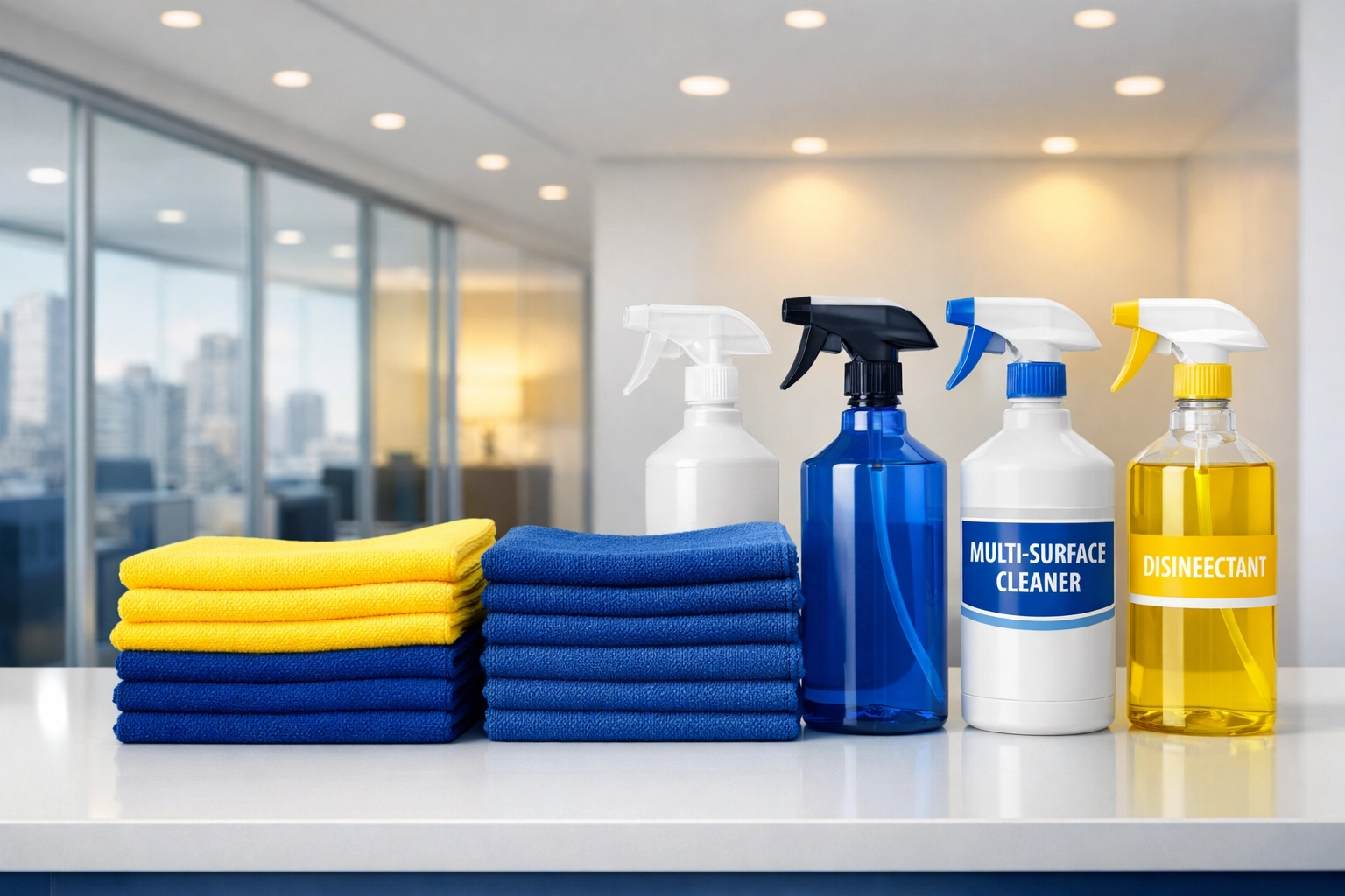 Organized professional cleaning supplies and microfiber cloths used for expert commercial cleaning Boston services.