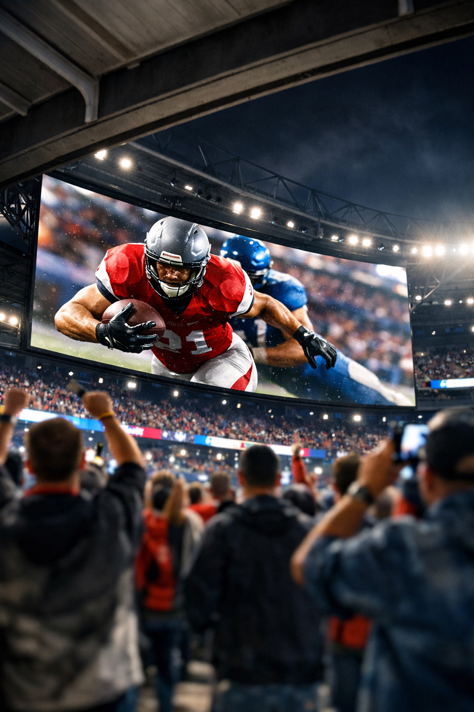 Large digital screen in a stadium concourse displaying athlete action to engaged sports fans during a live game.