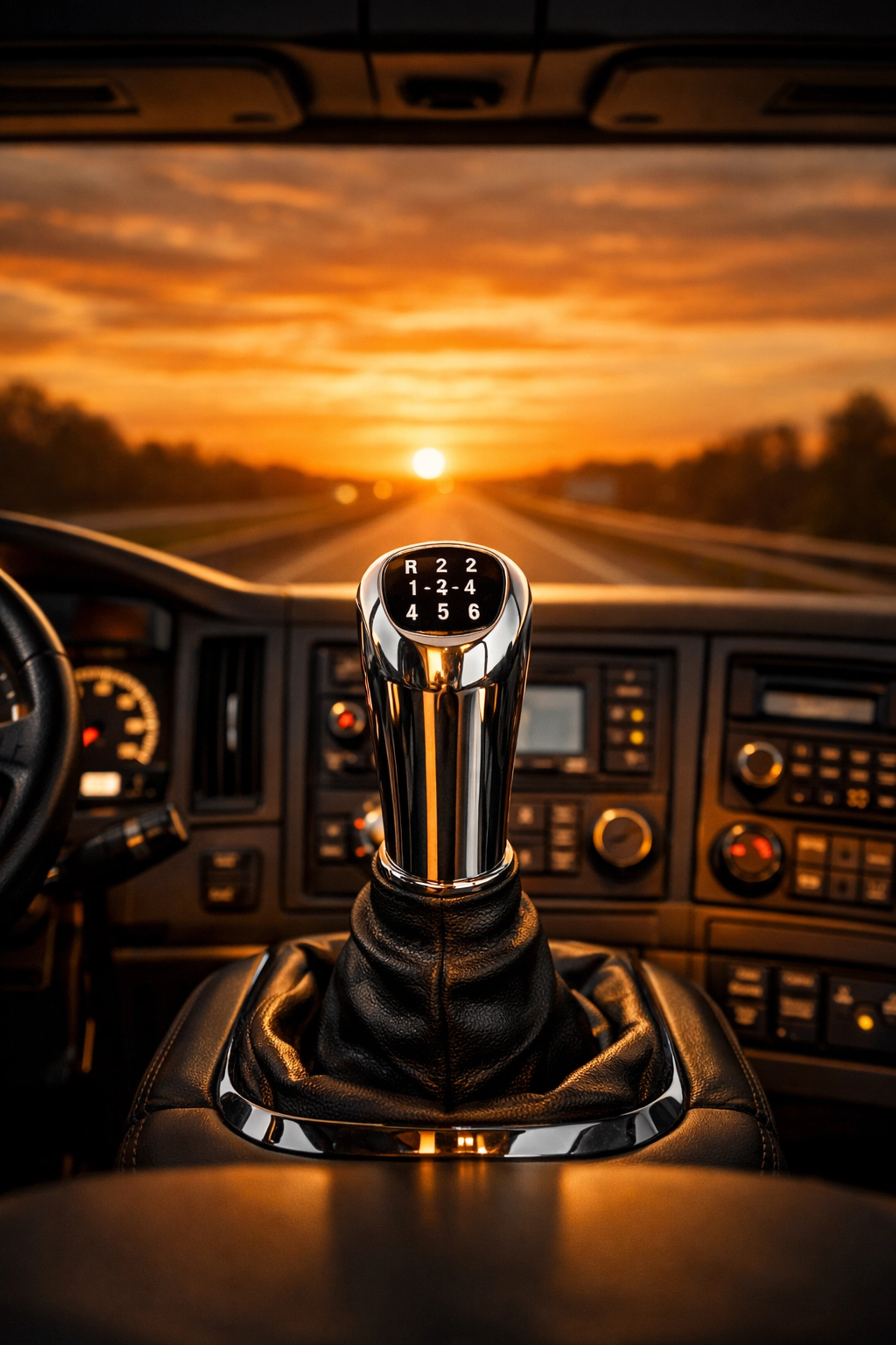 A semi-truck gear shift at sunset representing shifting gears with trucking business loans for bad credit.