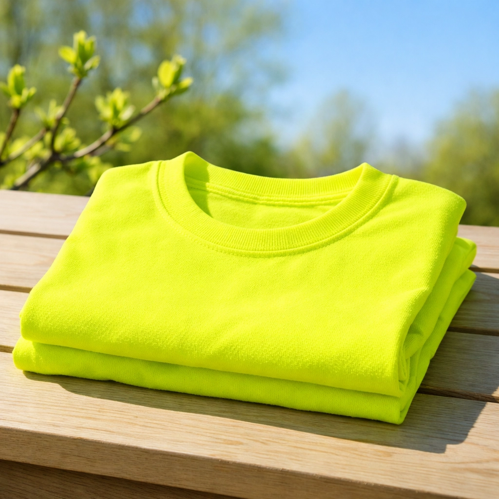 Neon yellow custom safety t-shirt folded neatly, representing a fresh spring gear refresh for crews.