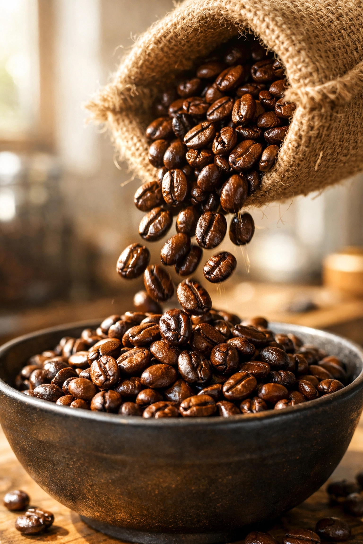 Glossy, freshly roasted specialty coffee beans pouring into a bowl for an aromatic morning brew.