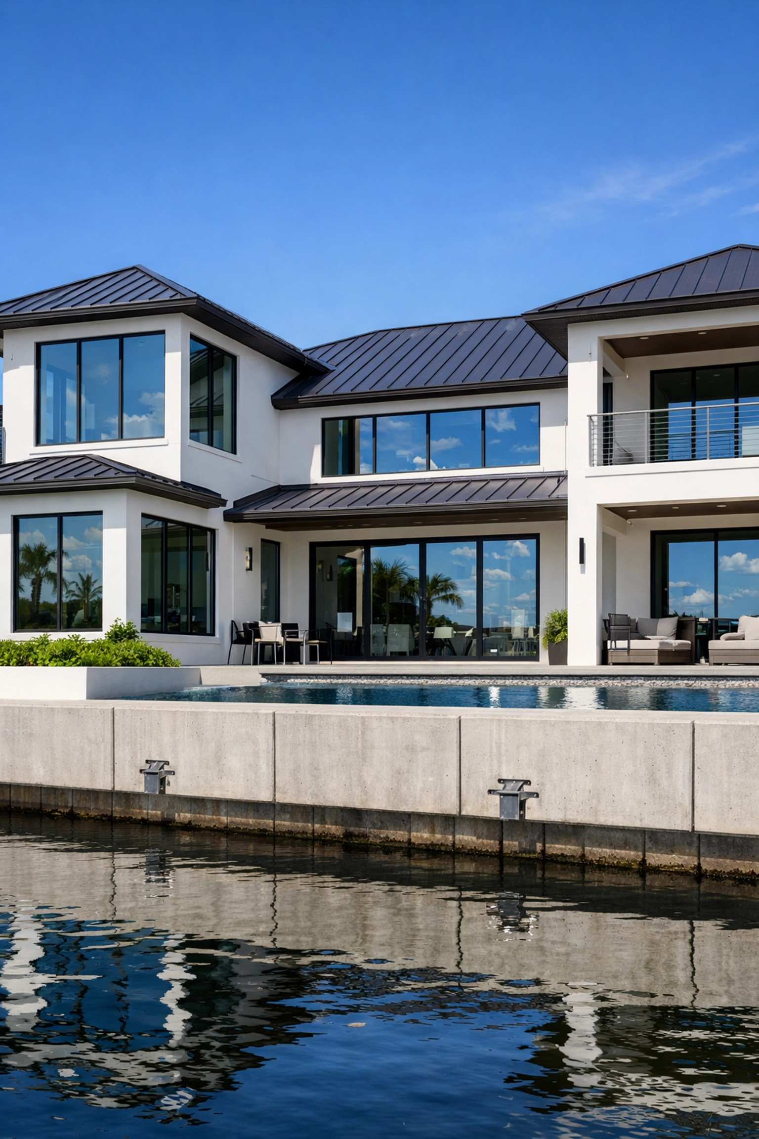 Modern SWFL waterfront home with hurricane-resistant construction and a concrete seawall.