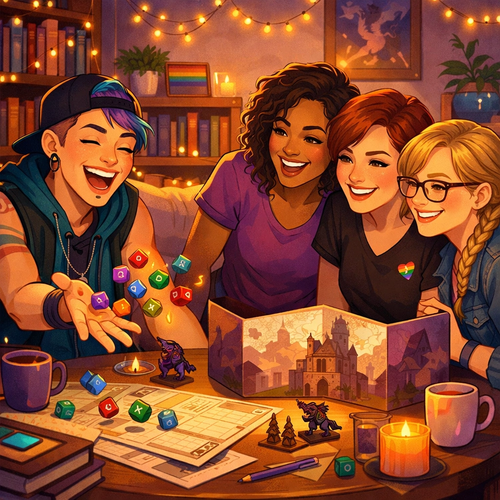 A diverse LGBTQ+ friend group playing tabletop RPGs, showcasing community joy and queer hobbies in geek culture.