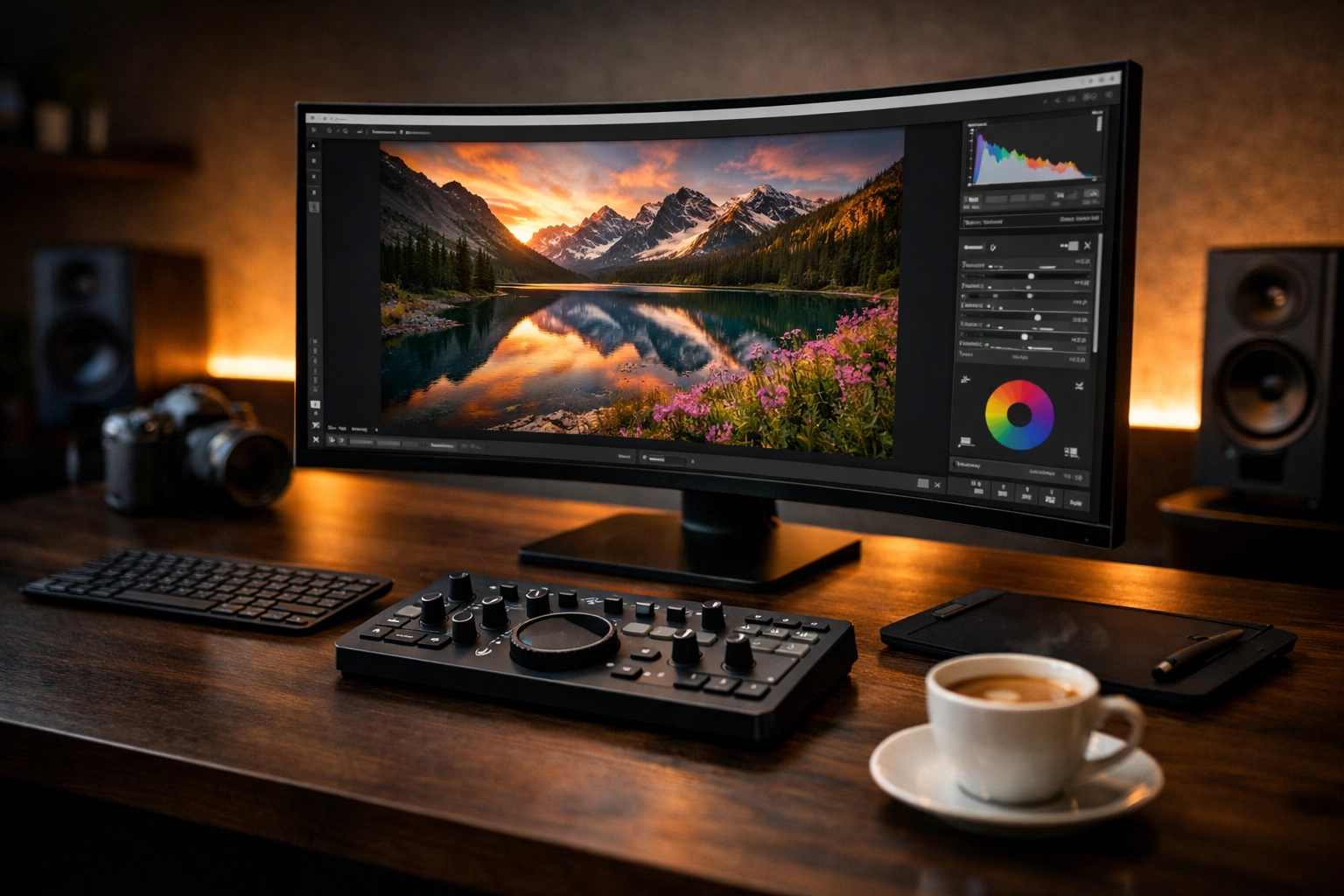 Professional photo editing workstation showing landscape retouching for photography tutorials.