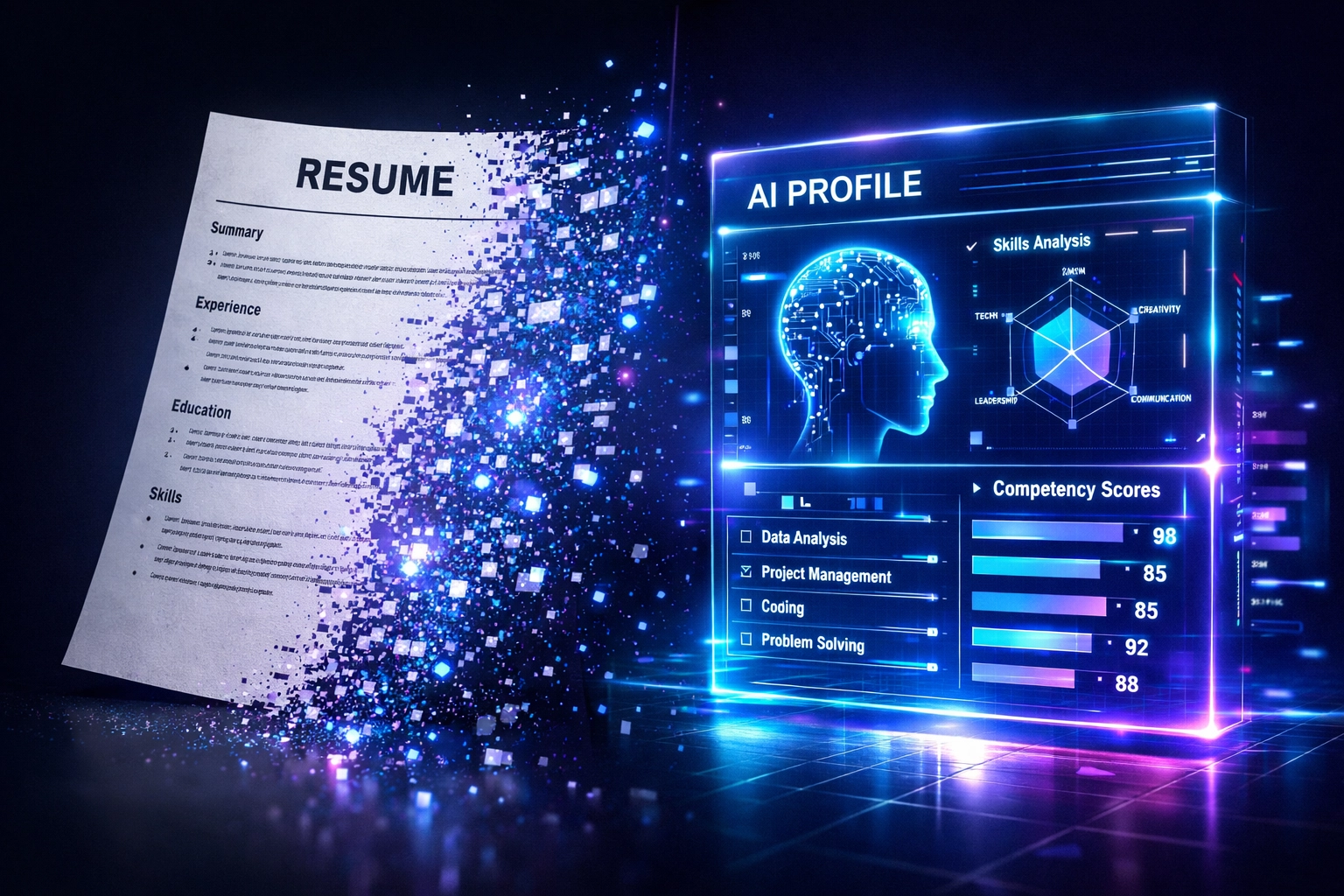 Traditional resume transforming into AI assessment interface with skill graphs