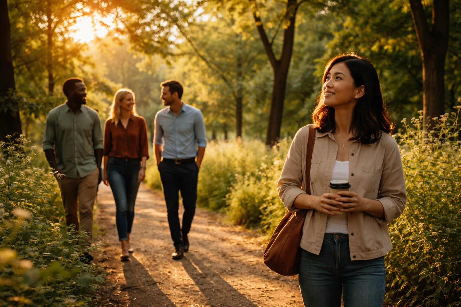 Coworkers enjoy a guided nature walk through a park, fostering team connection with a relaxed atmosphere.