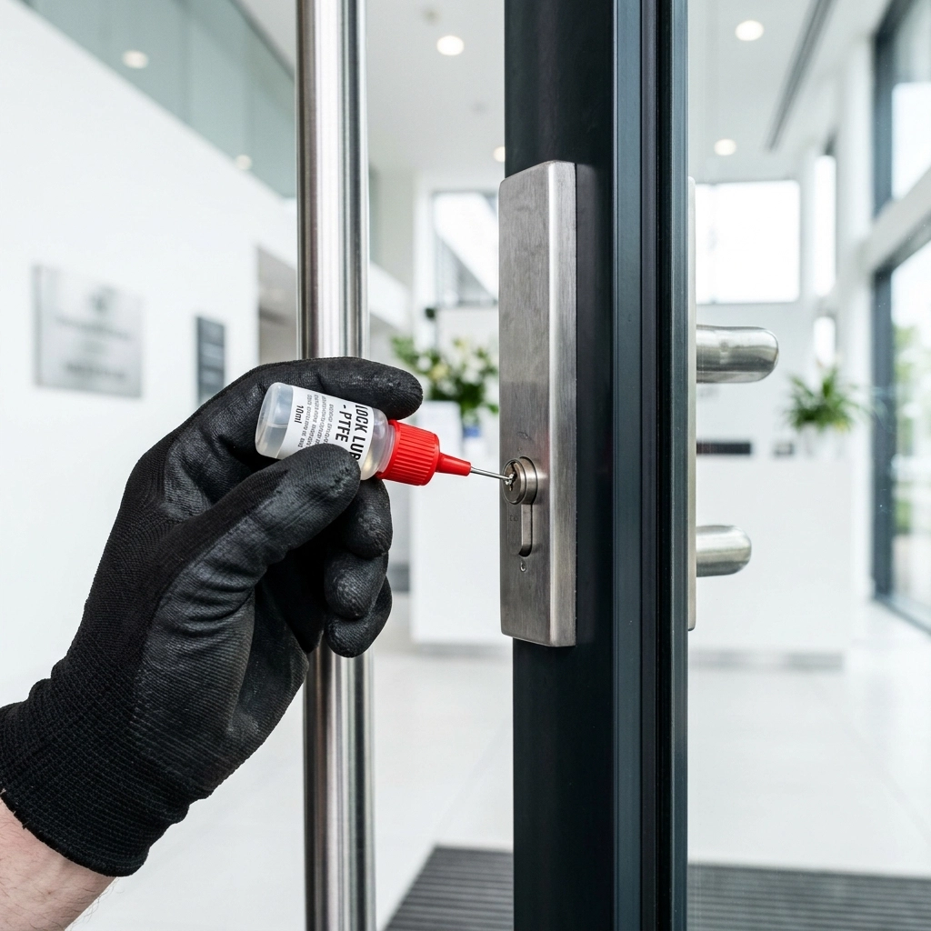 Professional locksmith performing maintenance on a commercial storefront lock in Indianapolis.