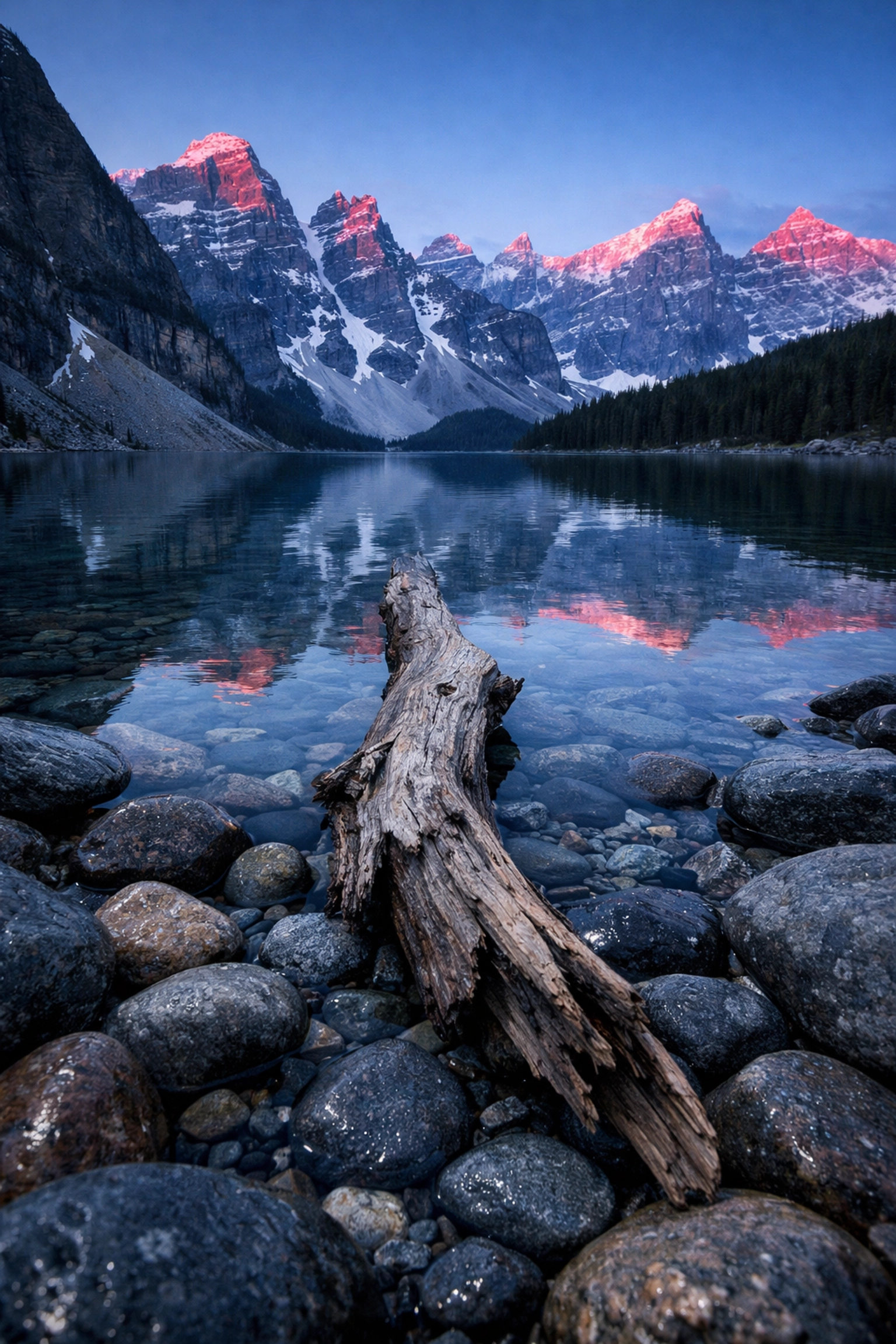 Alpine lake landscape with driftwood foreground to avoid landscape photography mistakes in composition.