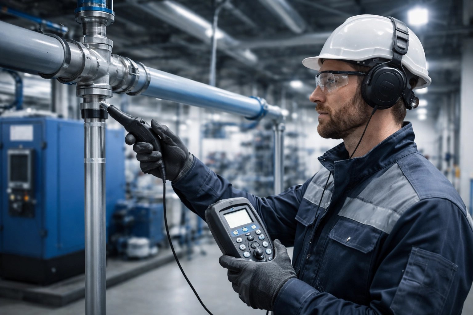 Technician using ultrasonic leak detector to check screw air compressor pipes for compressed air leaks in a modern industrial facility