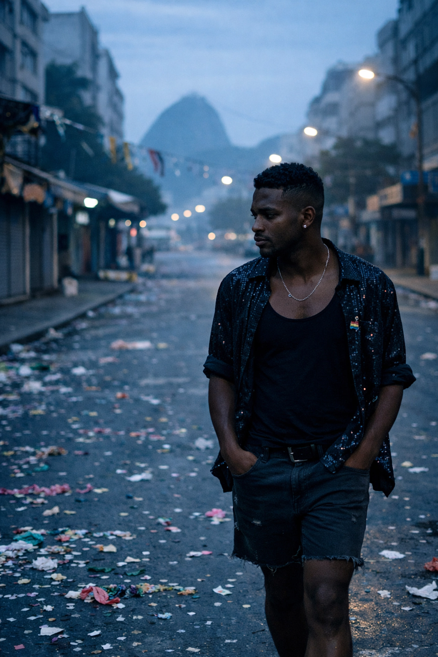 Black gay man walking alone through Rio streets after Carnival ends