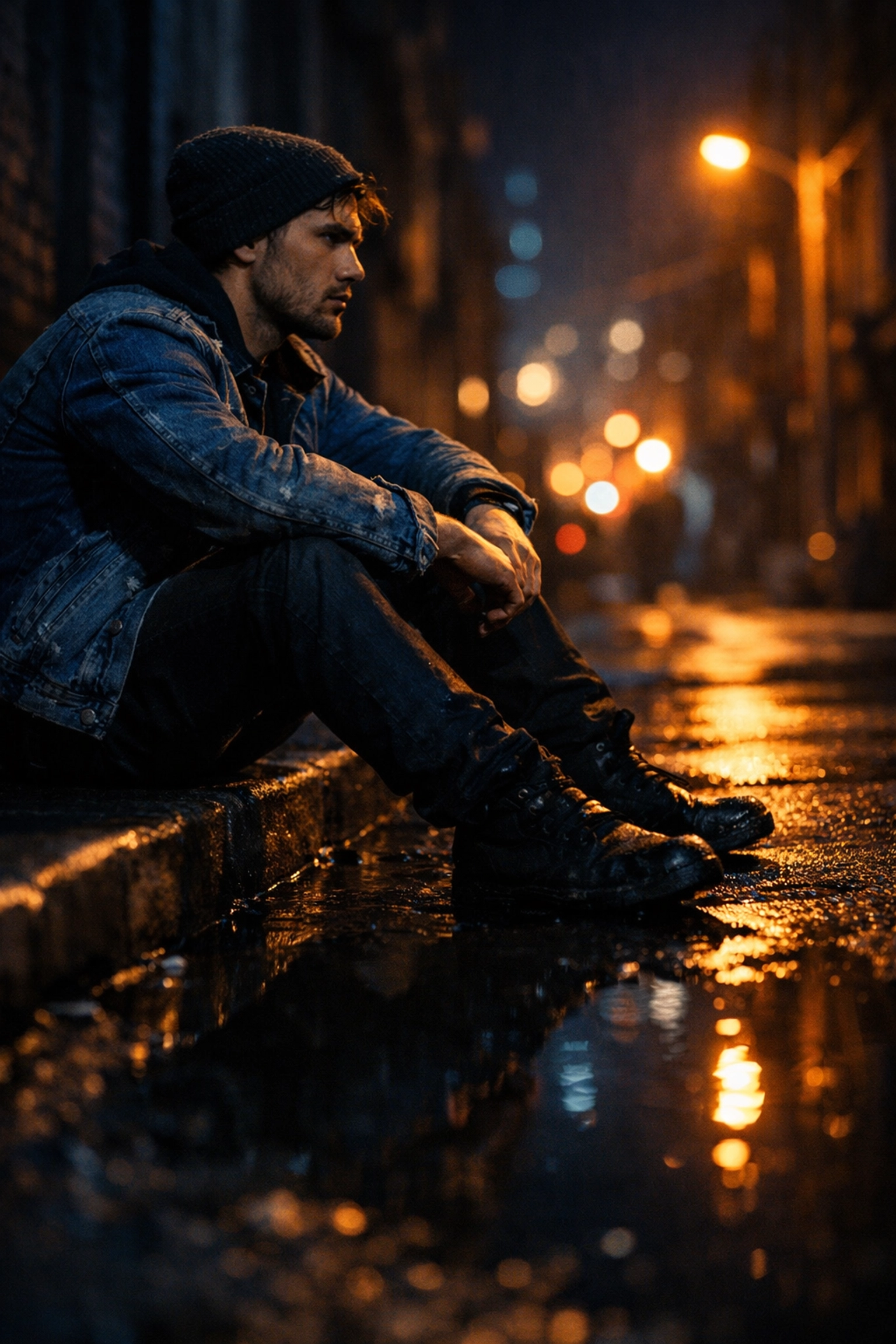 A young man sits on a rainy city curb, illustrating the gritty street hustle featured in MM romance books.