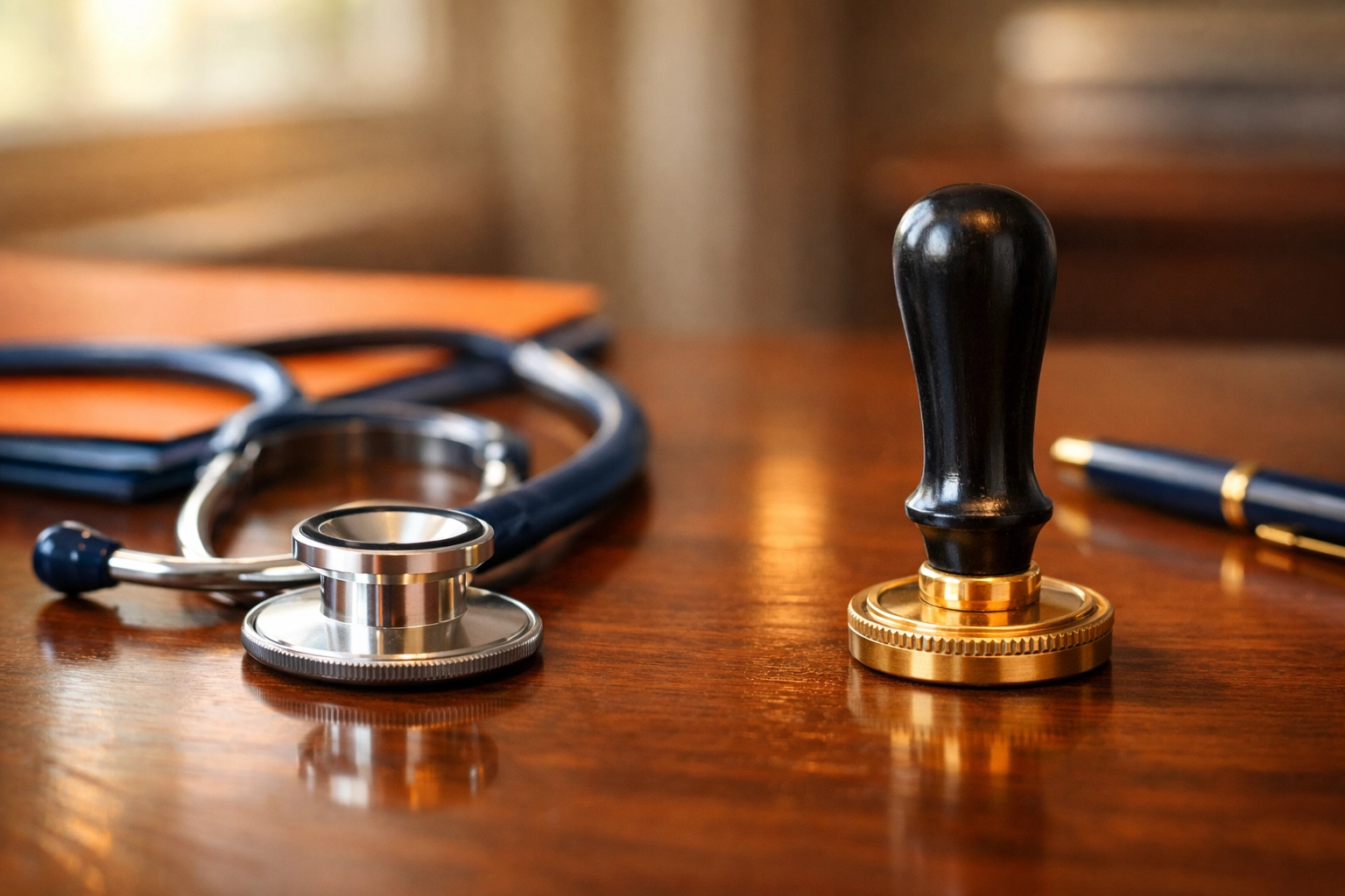 Stethoscope and notary seal on desk representing healthcare precision in notary services