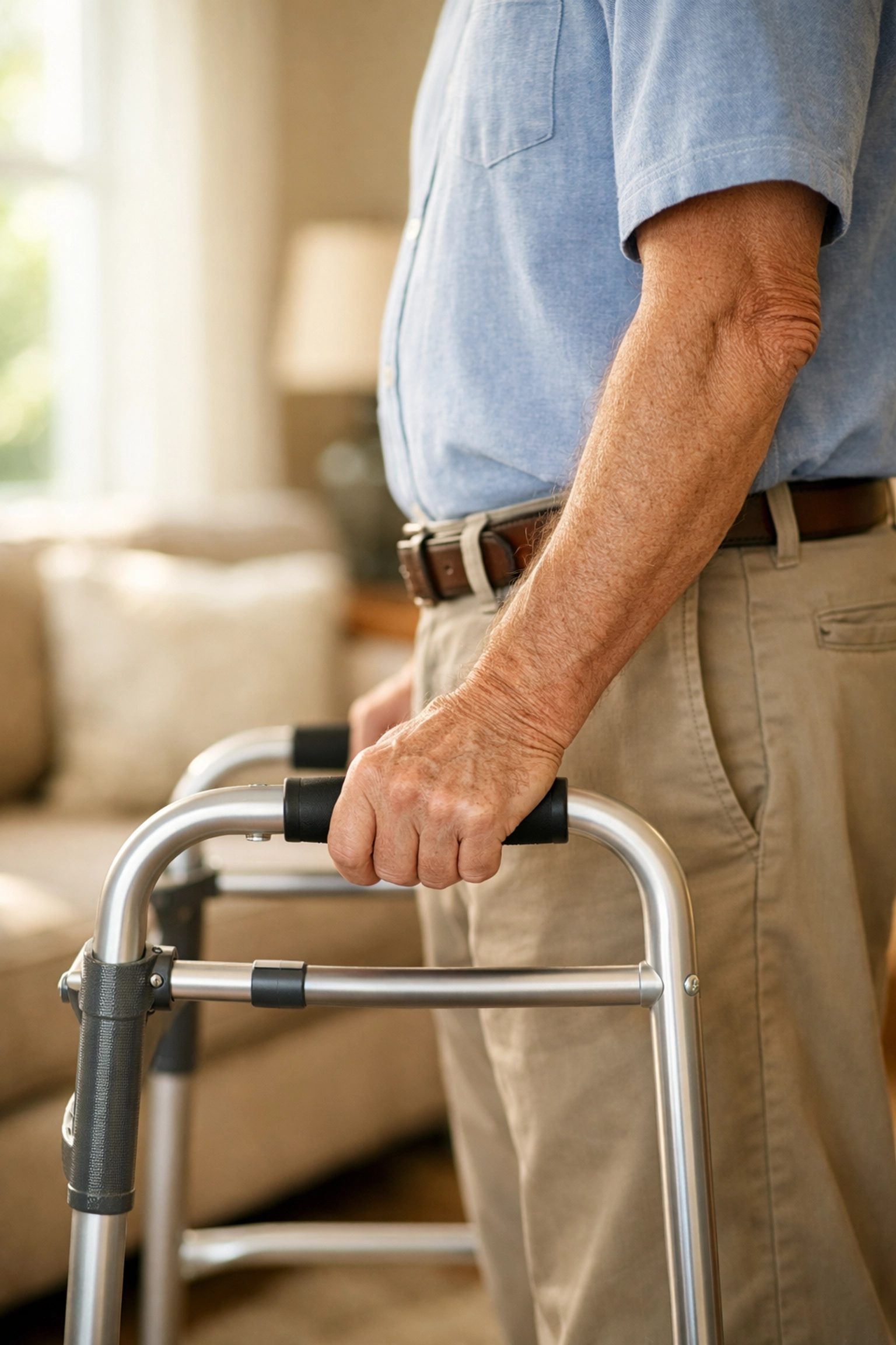 Proper walker height adjustment showing handle aligned with a senior man's wrist crease.
