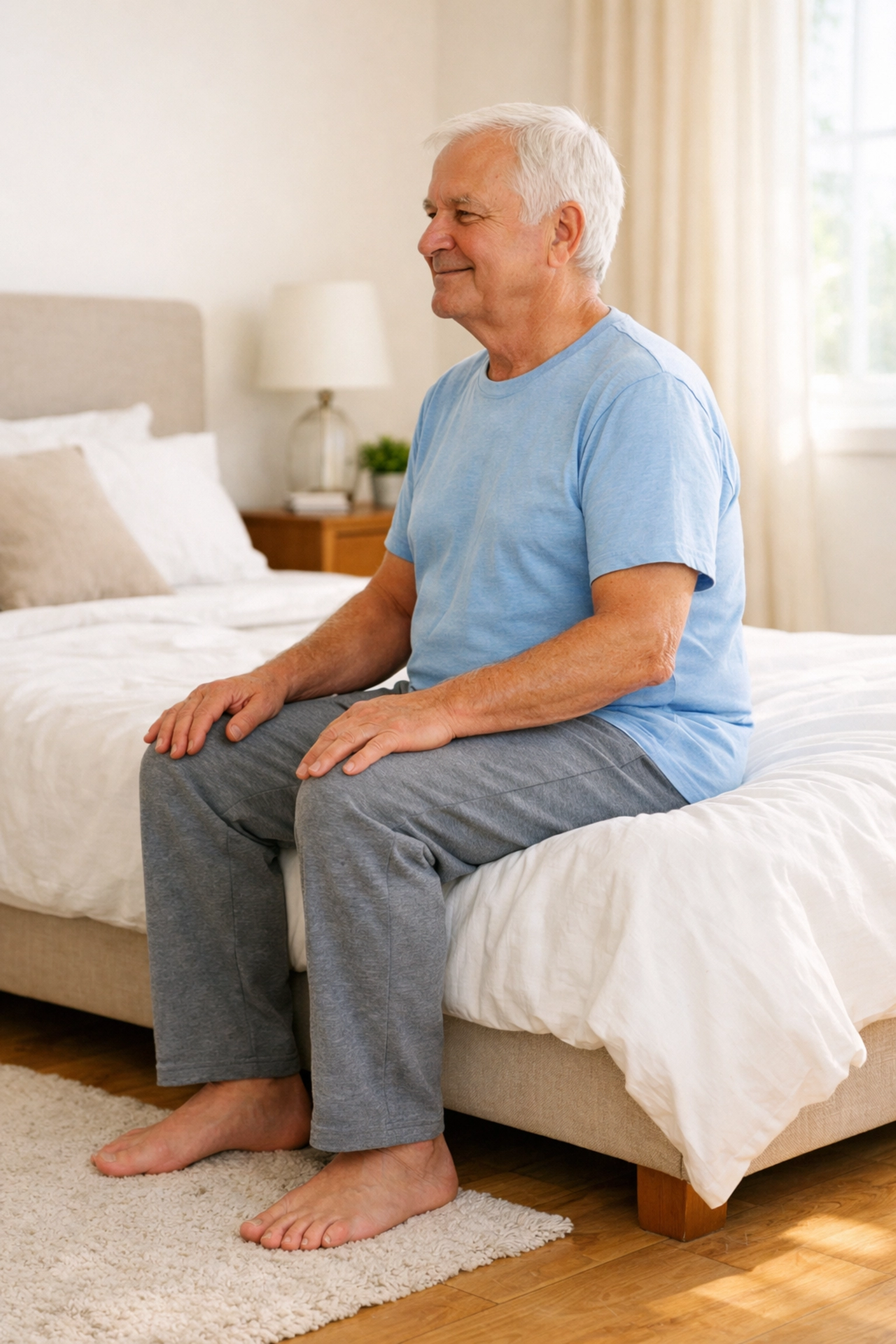 Senior man testing bed height by sitting with knees at hip level and feet on floor