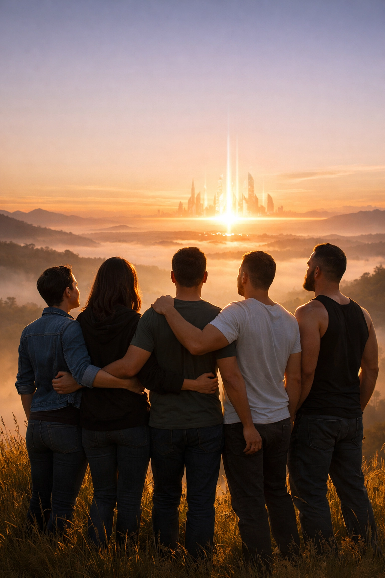A group of gay men and lesbians looking at a bright sunrise, symbolizing LGBTQ+ resilience and future visions.