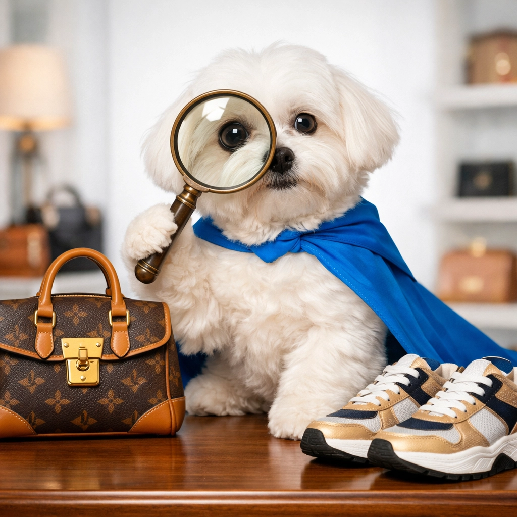 Expert online authentication service inspecting designer bags and luxury sneakers with a magnifying glass.