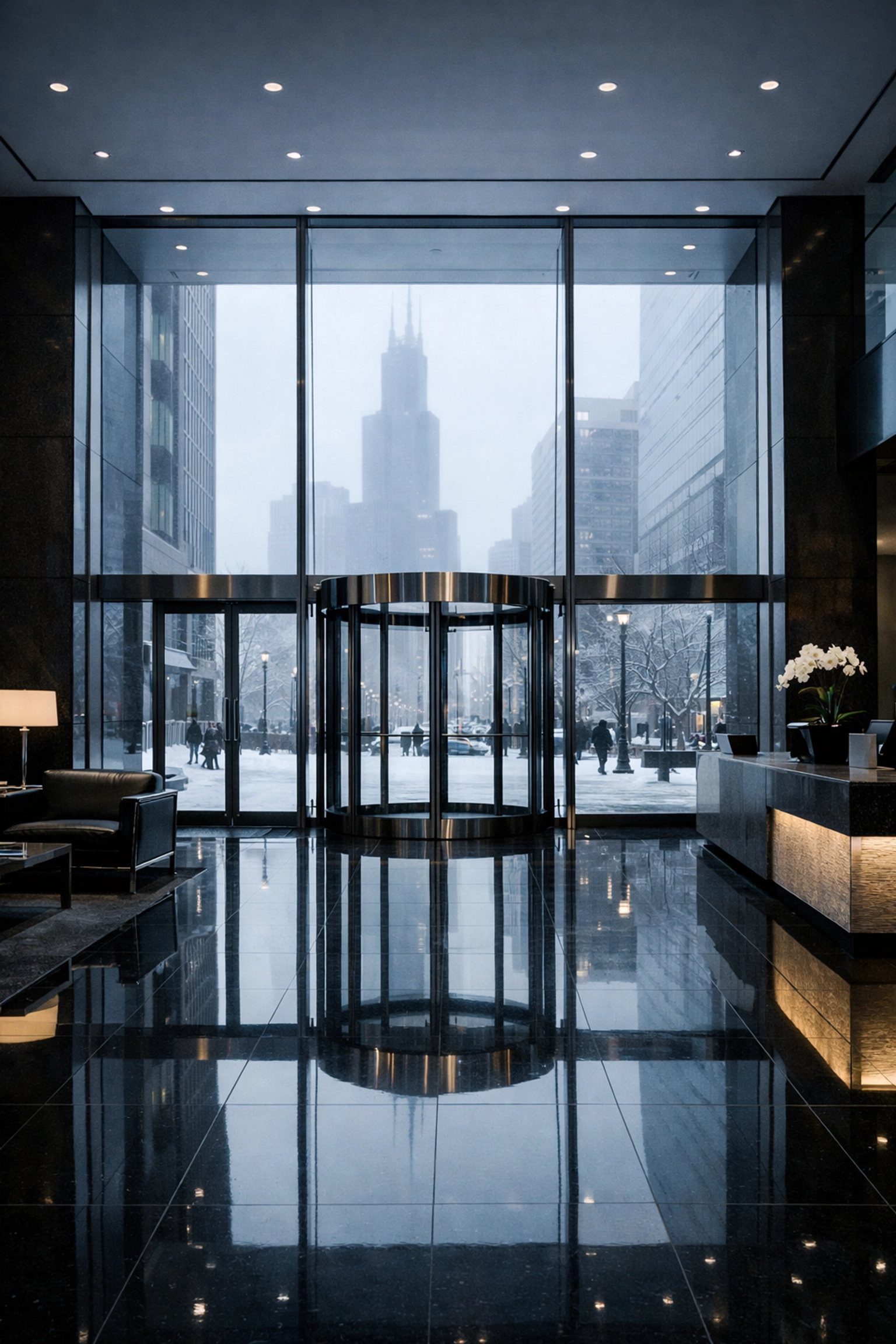 Clean Chicago office lobby with polished granite floors during a snowy Midwest winter.
