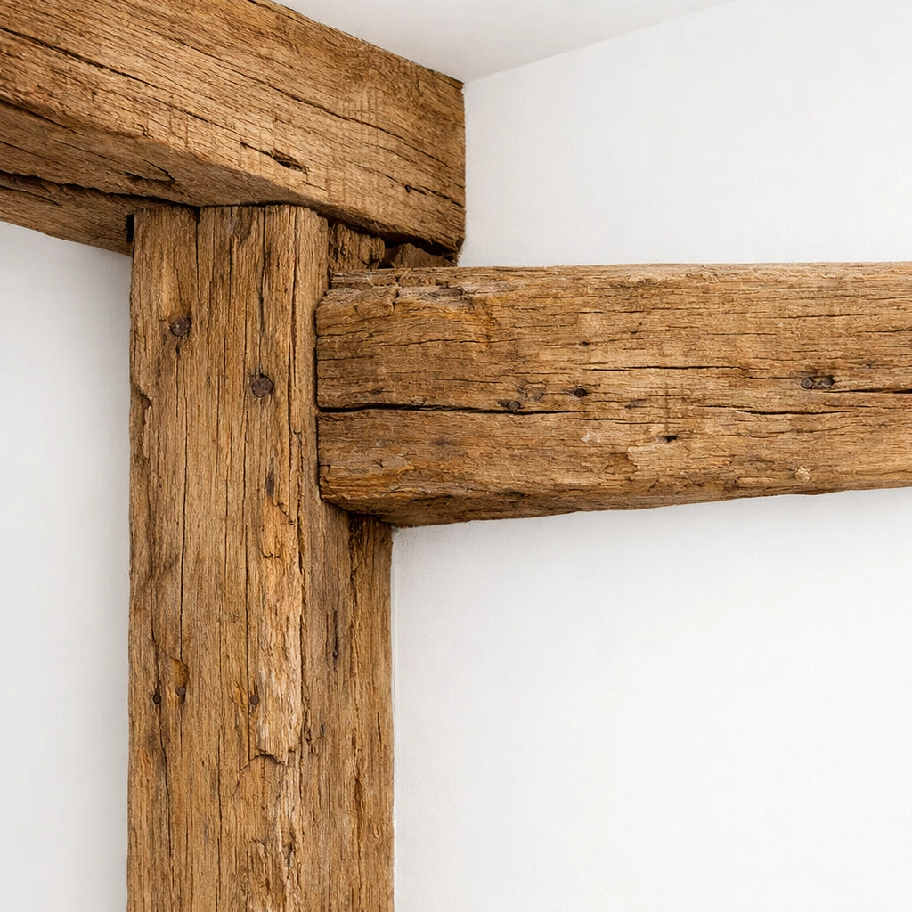 Restored original timber beam against a crisp white wall in a modern Gloucestershire cottage.