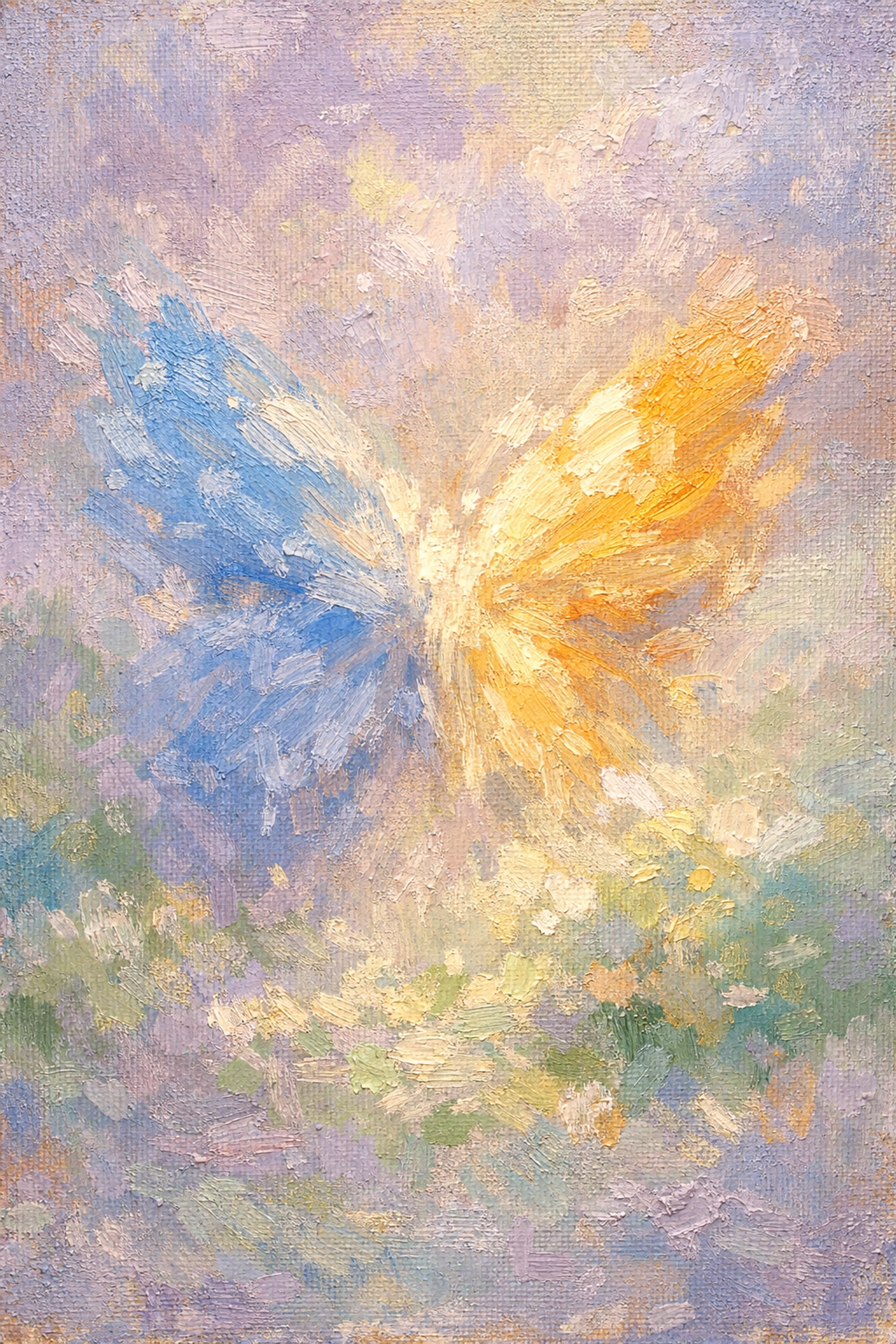 Abstract Monet-inspired butterfly in soft pastels, symbolizing spiritual metamorphosis and the shedding of the ego.