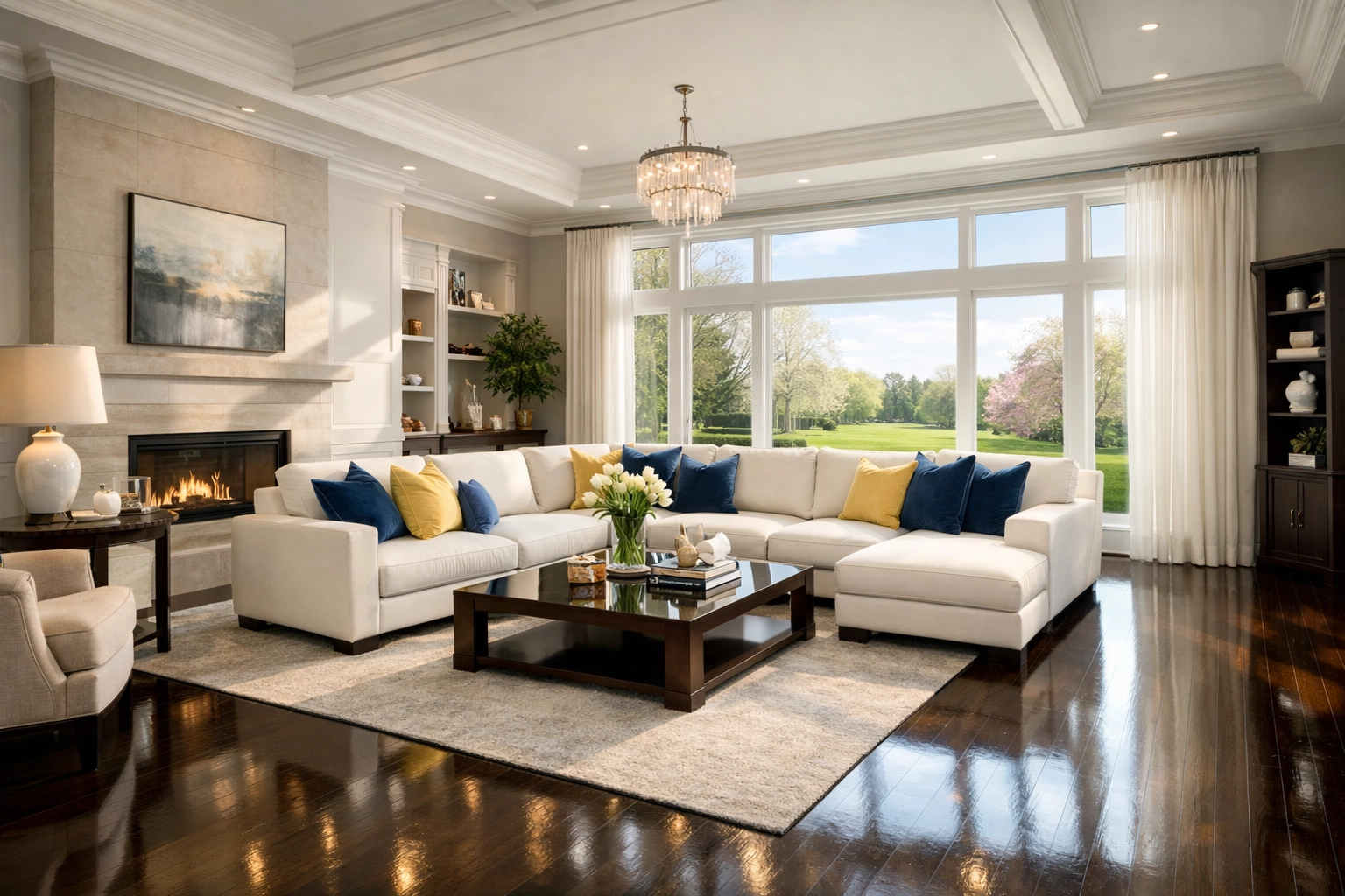 Sunlit luxury Westford living room with spotless hardwood floors after professional residential cleaning in Westford.