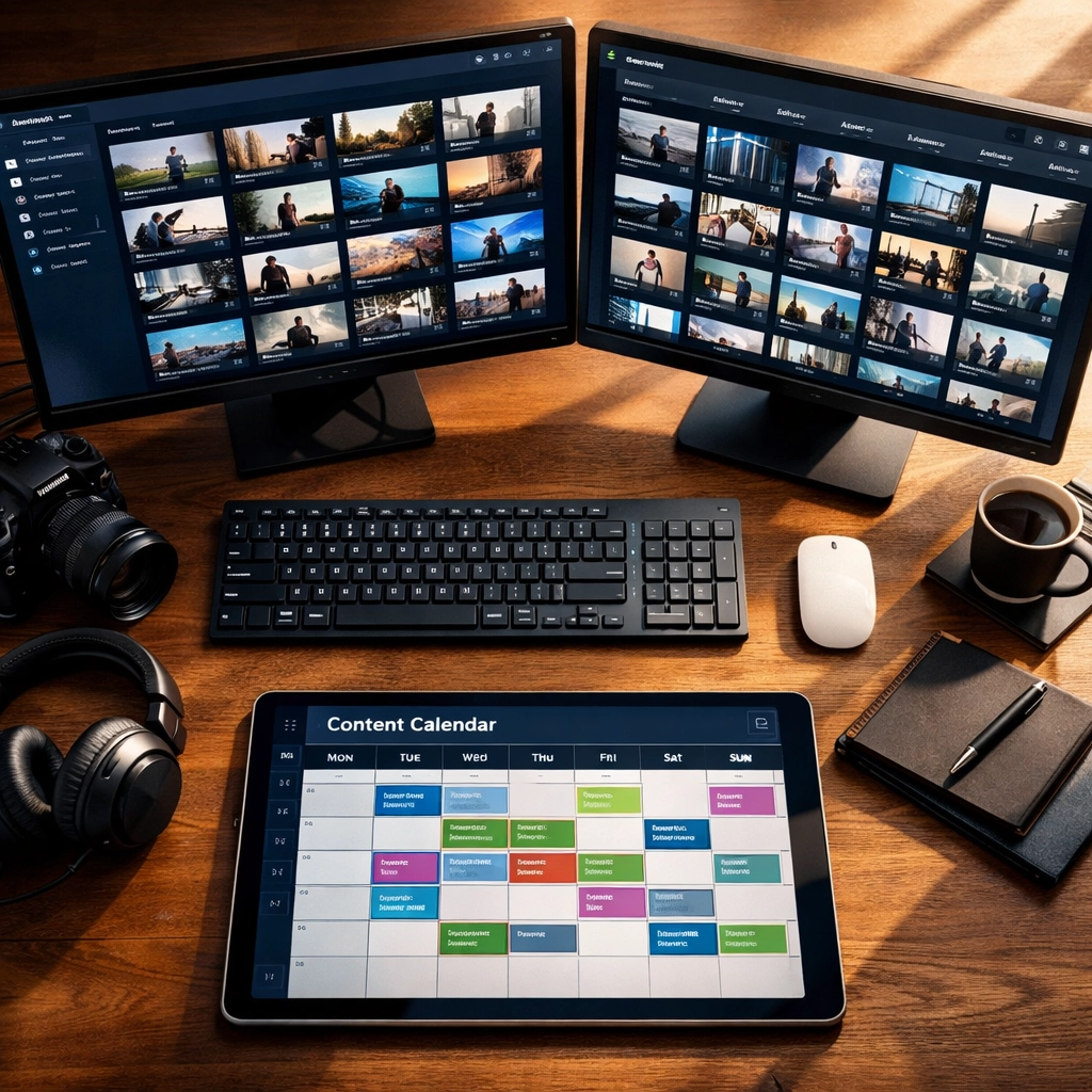Modern workspace with multiple monitors displaying organized media asset management system