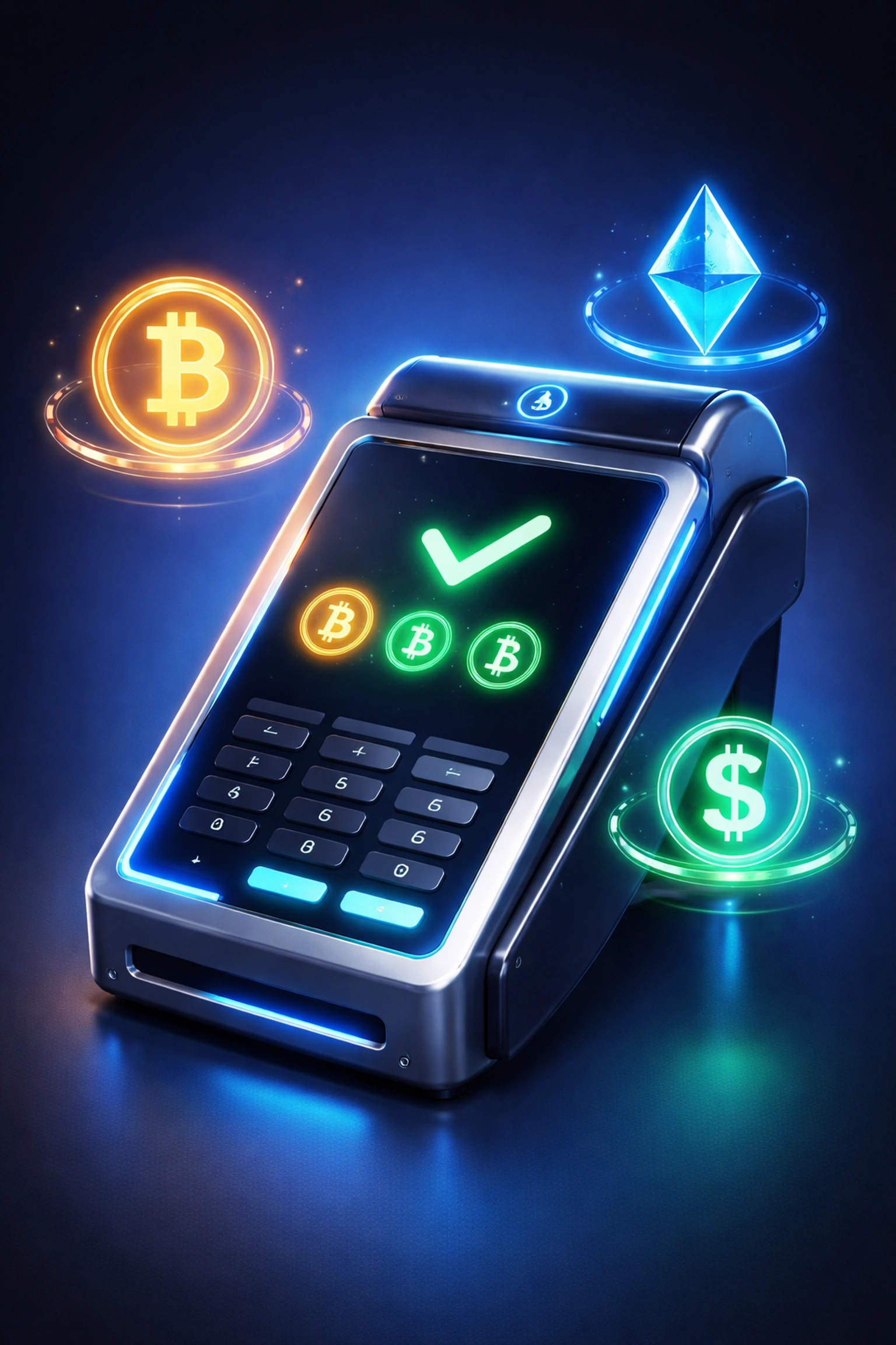 Futuristic crypto POS terminal with Bitcoin, Ethereum, and stablecoin symbols, highlighting innovative Web3 payments