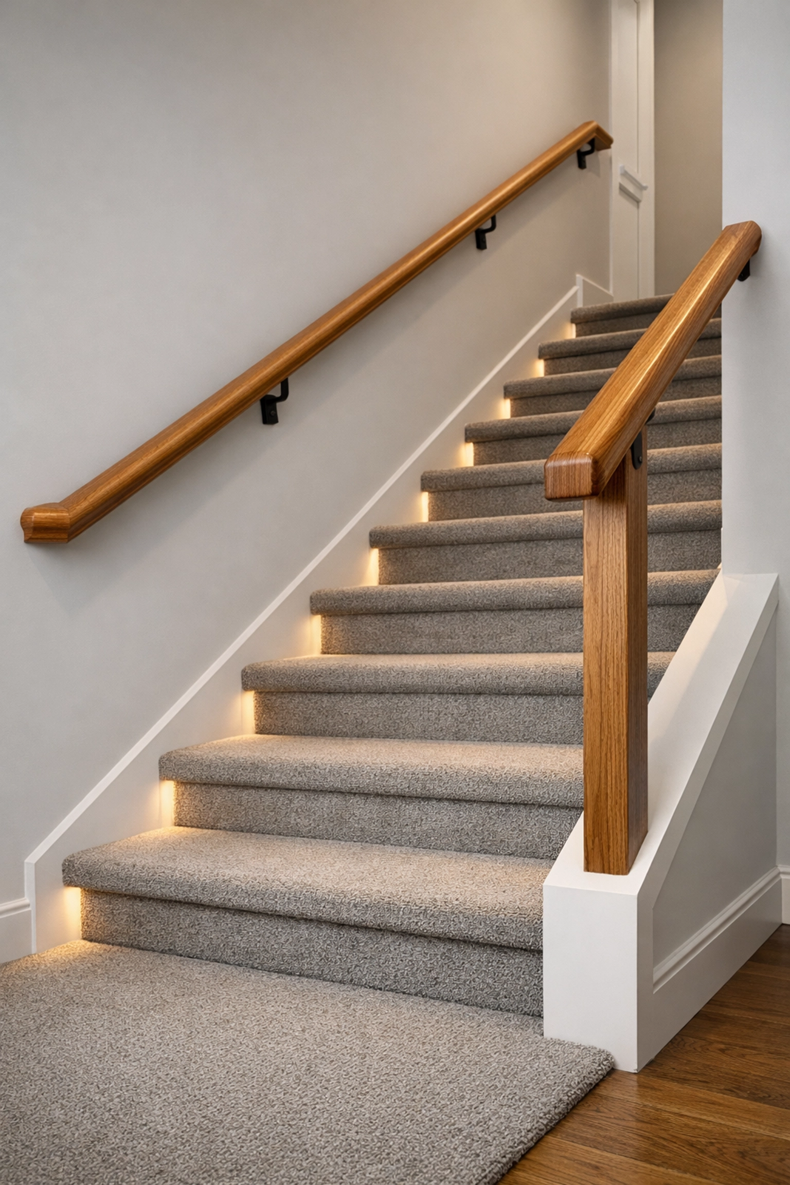 Well-lit staircase with a secure wooden handrail and high-contrast step edges for improved home safety.