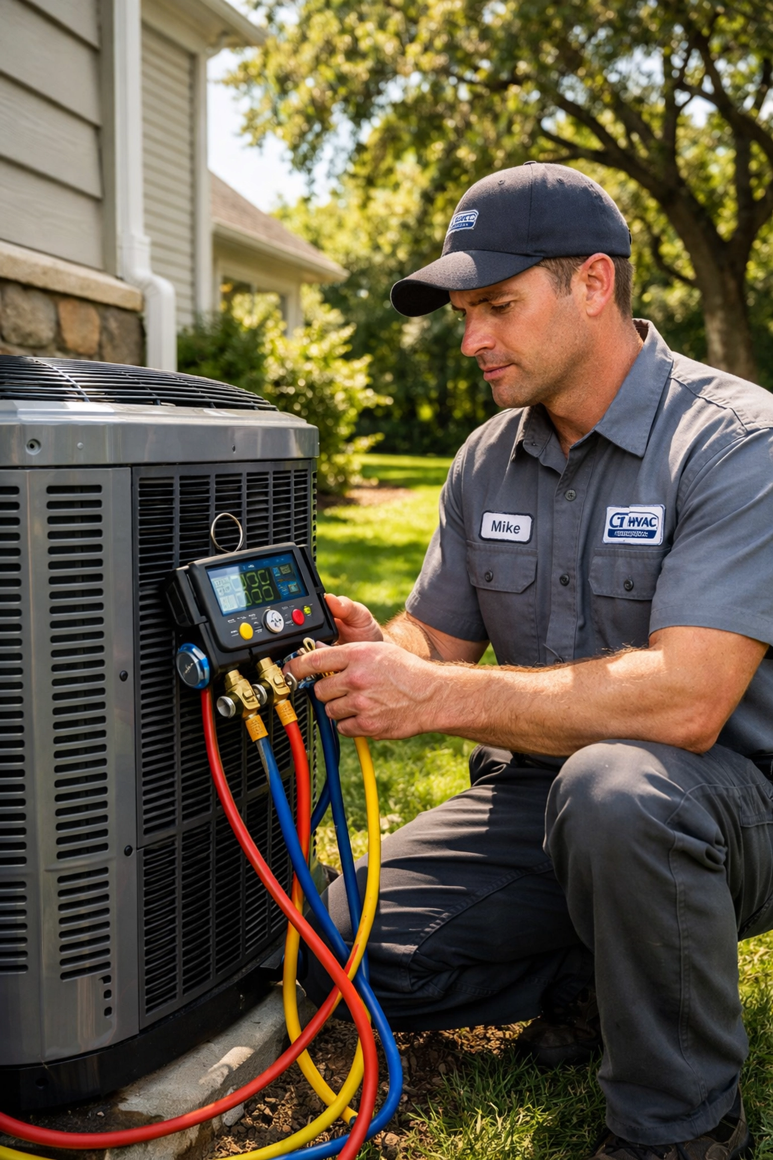 HVAC contractor performing AC maintenance at a Connecticut home, requiring proper business liability insurance.