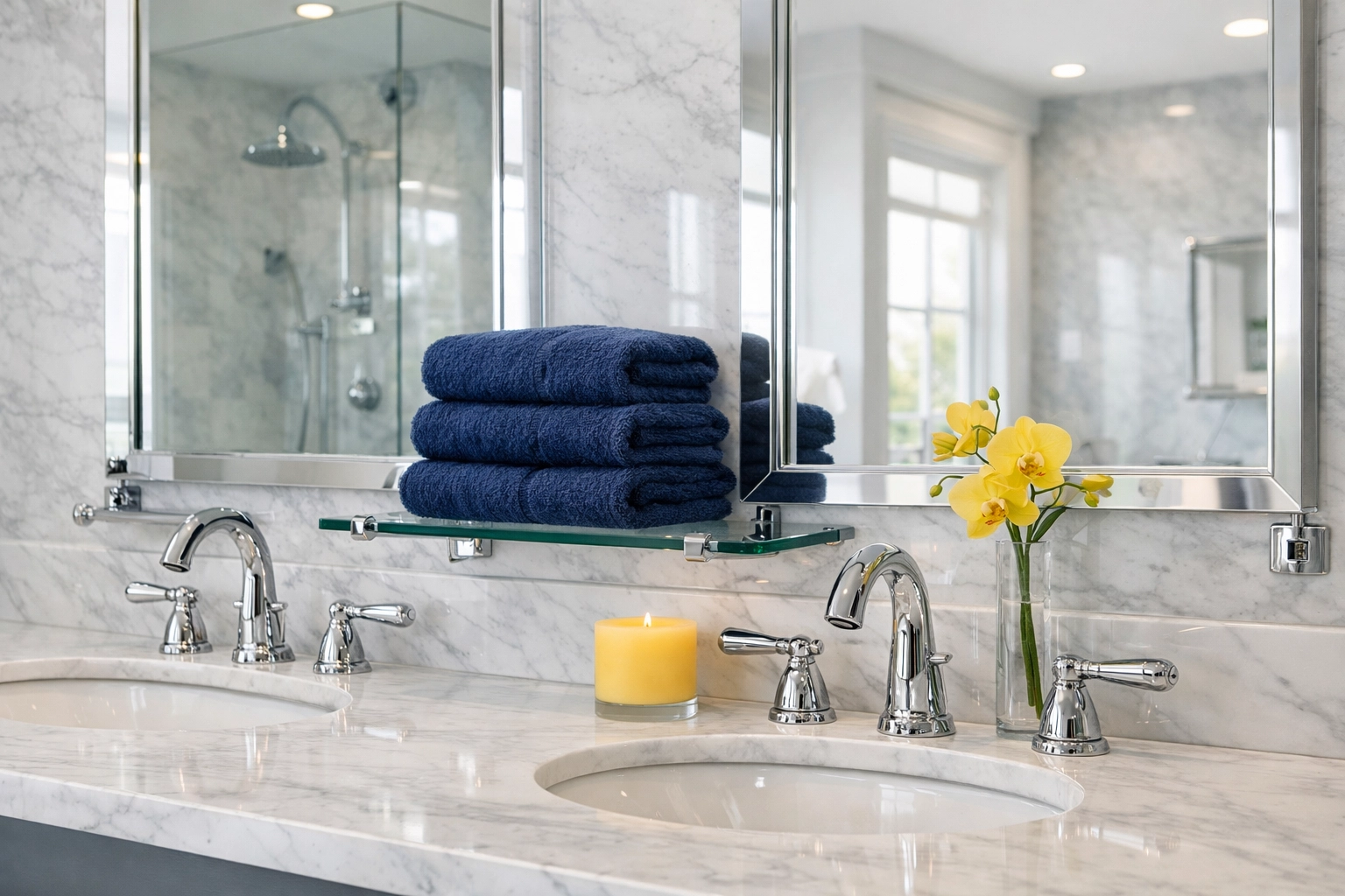 Sanitized luxury master bathroom with sparkling marble counters and mirrors in Shrewsbury, MA.