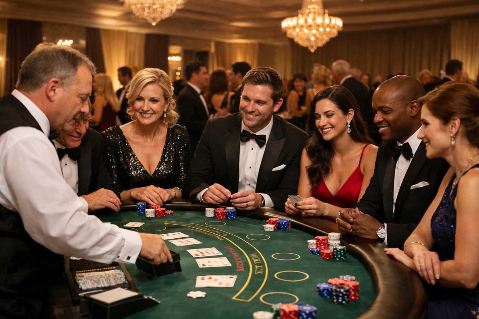 People in formal wear gathered around a casino table at a gala