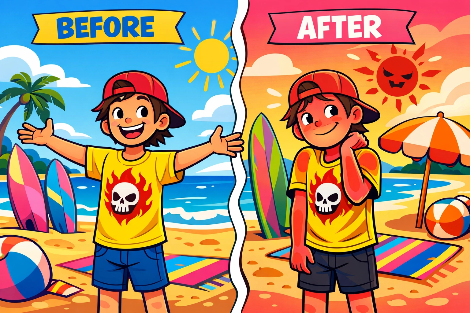Before and after spring break sunburn comparison showing bold graphic t-shirt at beach