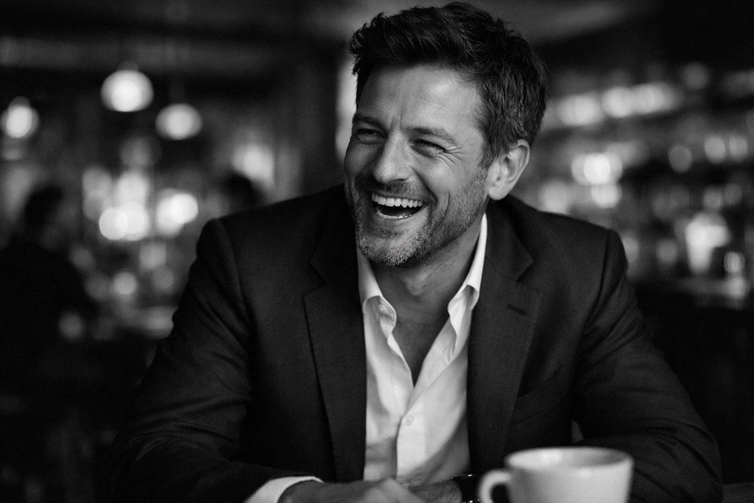 Professional man laughing genuinely at café showing authentic personality for better dating profile results
