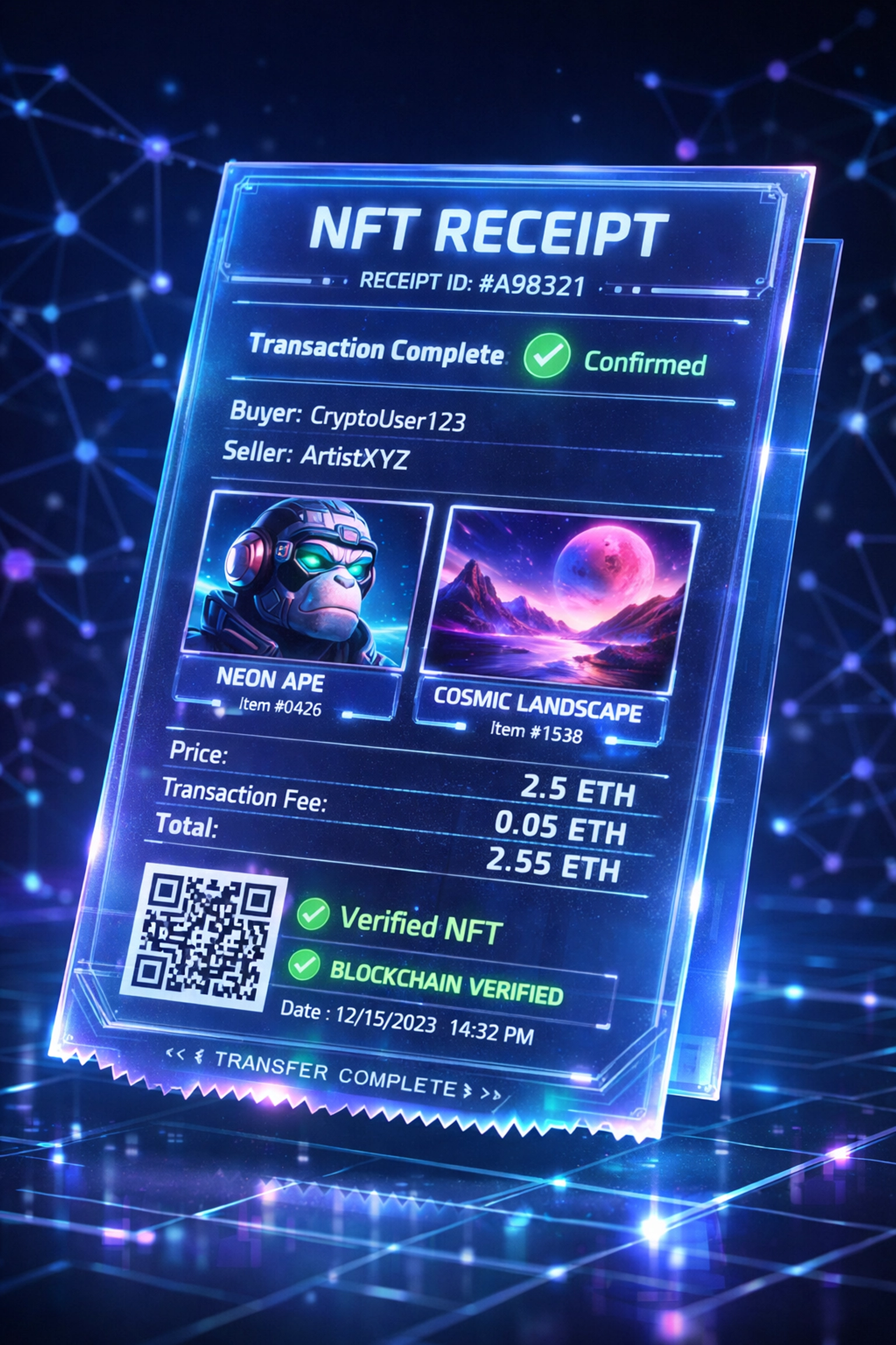NFT receipt displaying transaction verification on blockchain network