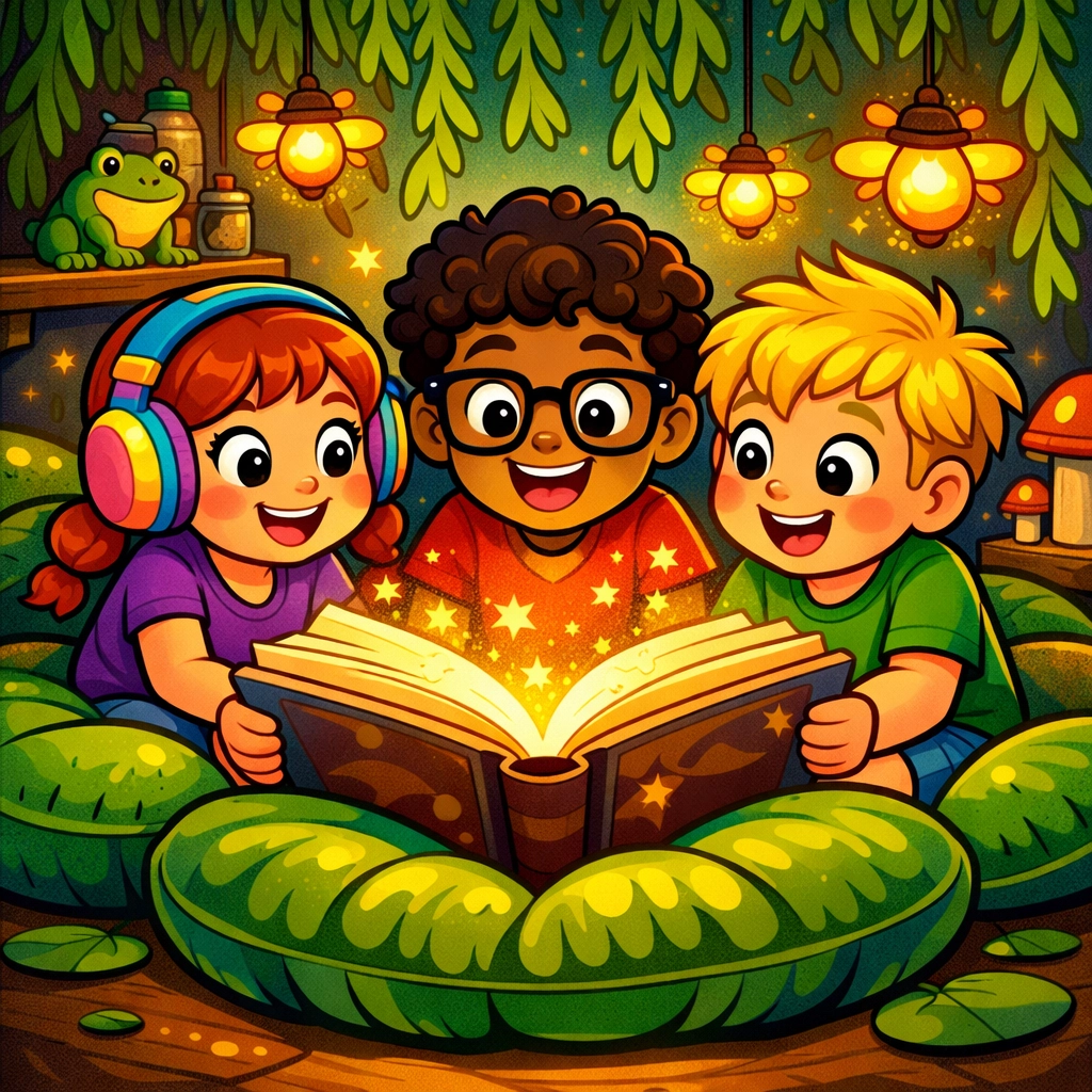 Diverse children reading swamp-themed stories about neurodiversity and inclusive learning in a cozy nook.