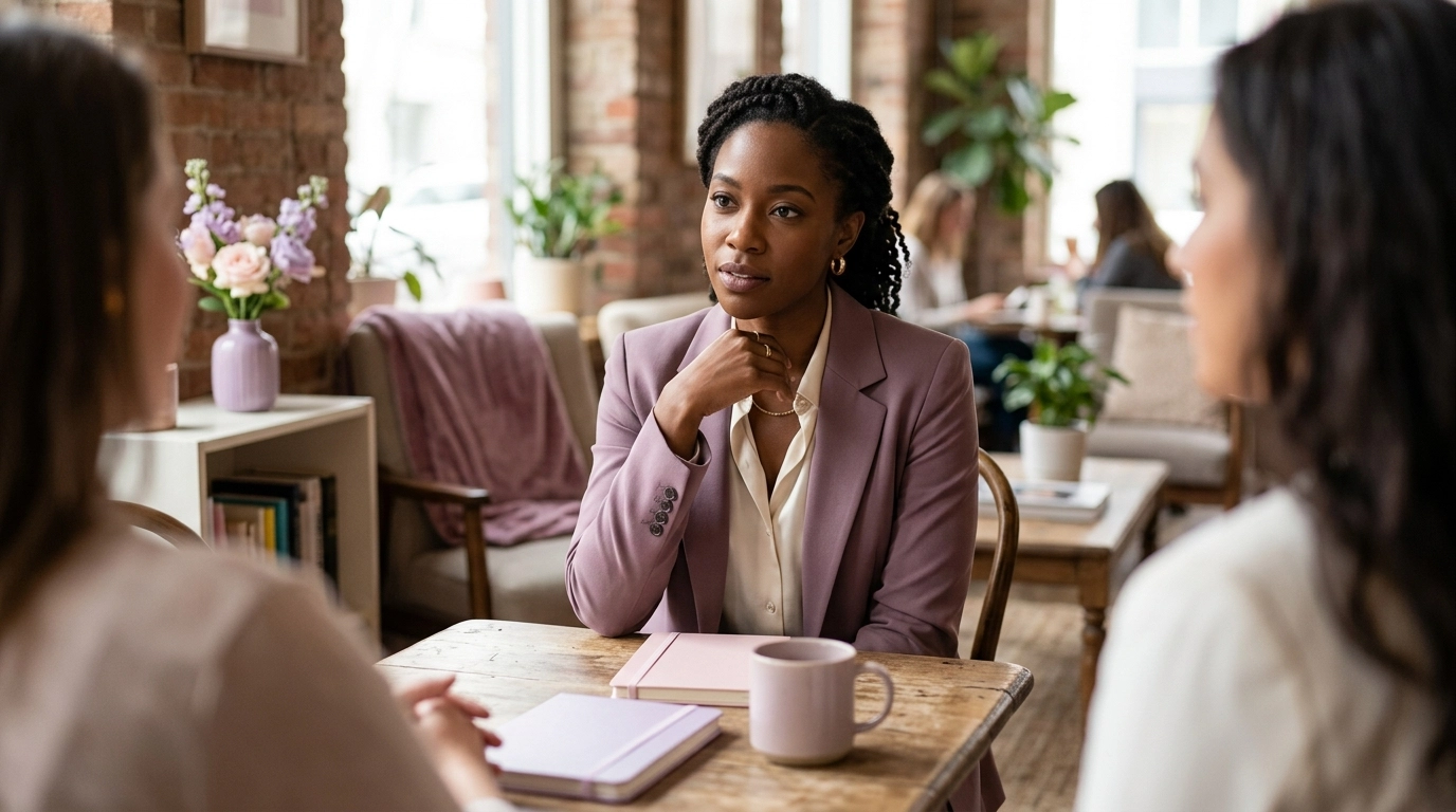 Ambitious woman in deep, focused reflection during a coaching or podcast moment.