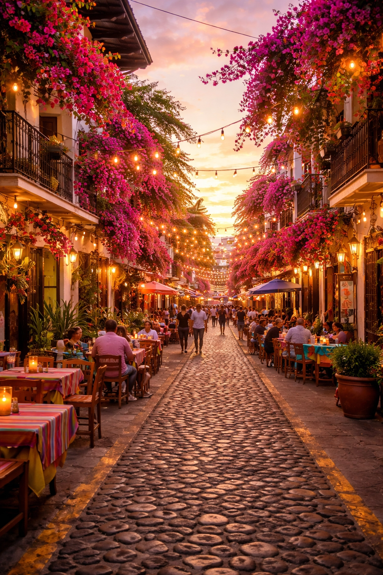Zona Romántica in Puerto Vallarta at golden hour with lively cobblestone streets and vibrant bougainvillea.
